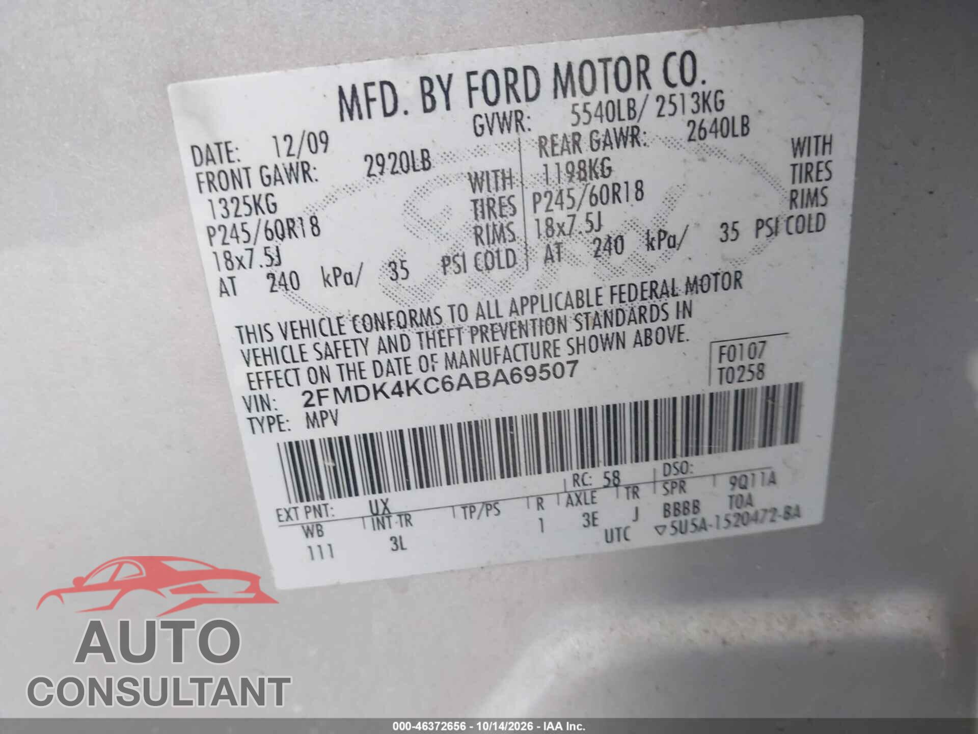 FORD EDGE 2010 - 2FMDK4KC6ABA69507