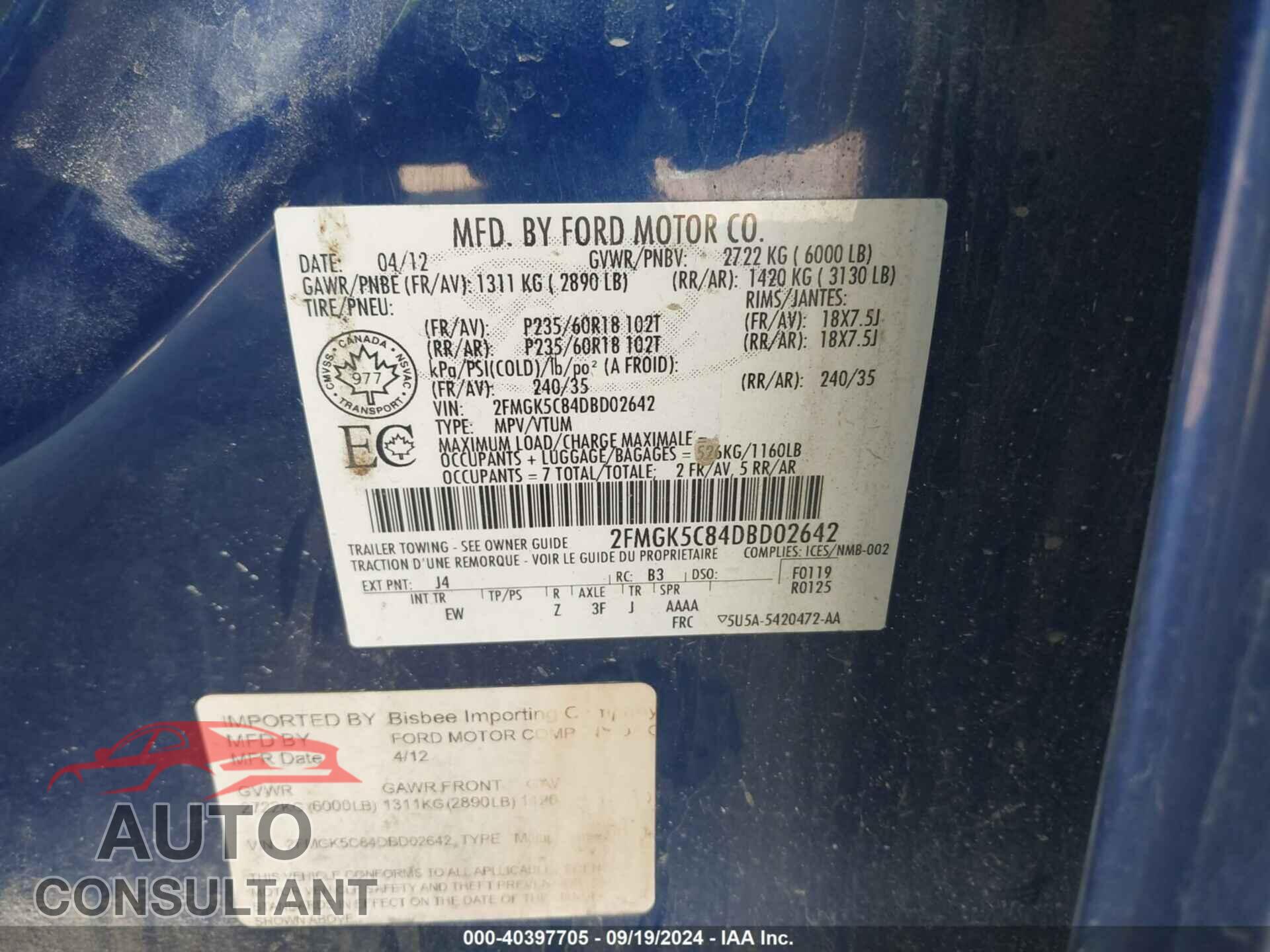 FORD FLEX 2013 - 2FMGK5C84DBD02642