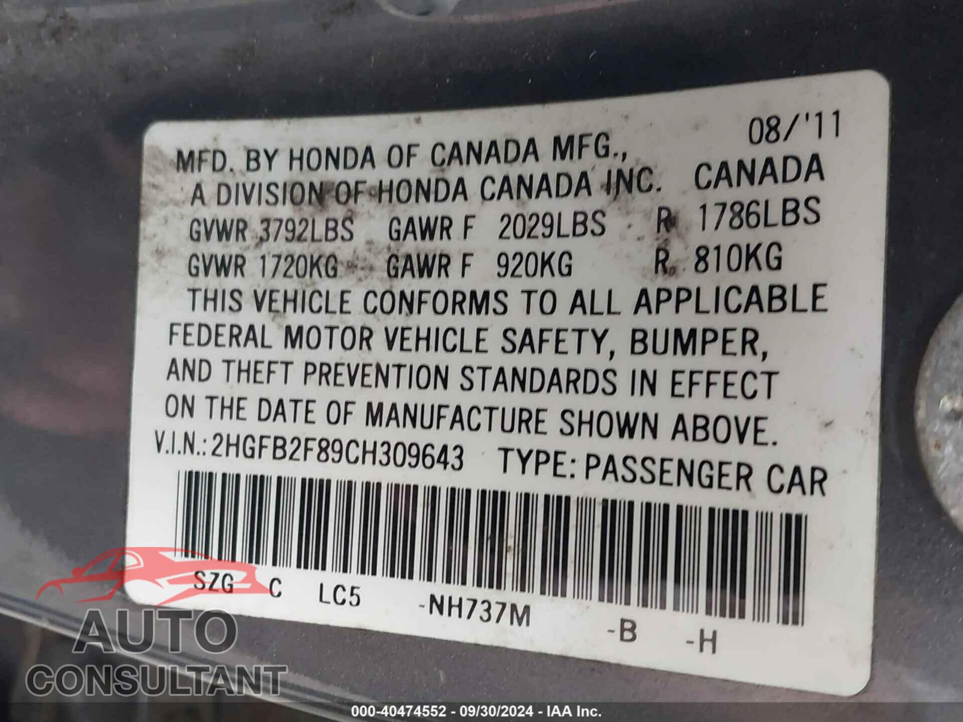 HONDA CIVIC 2012 - 2HGFB2F89CH309643