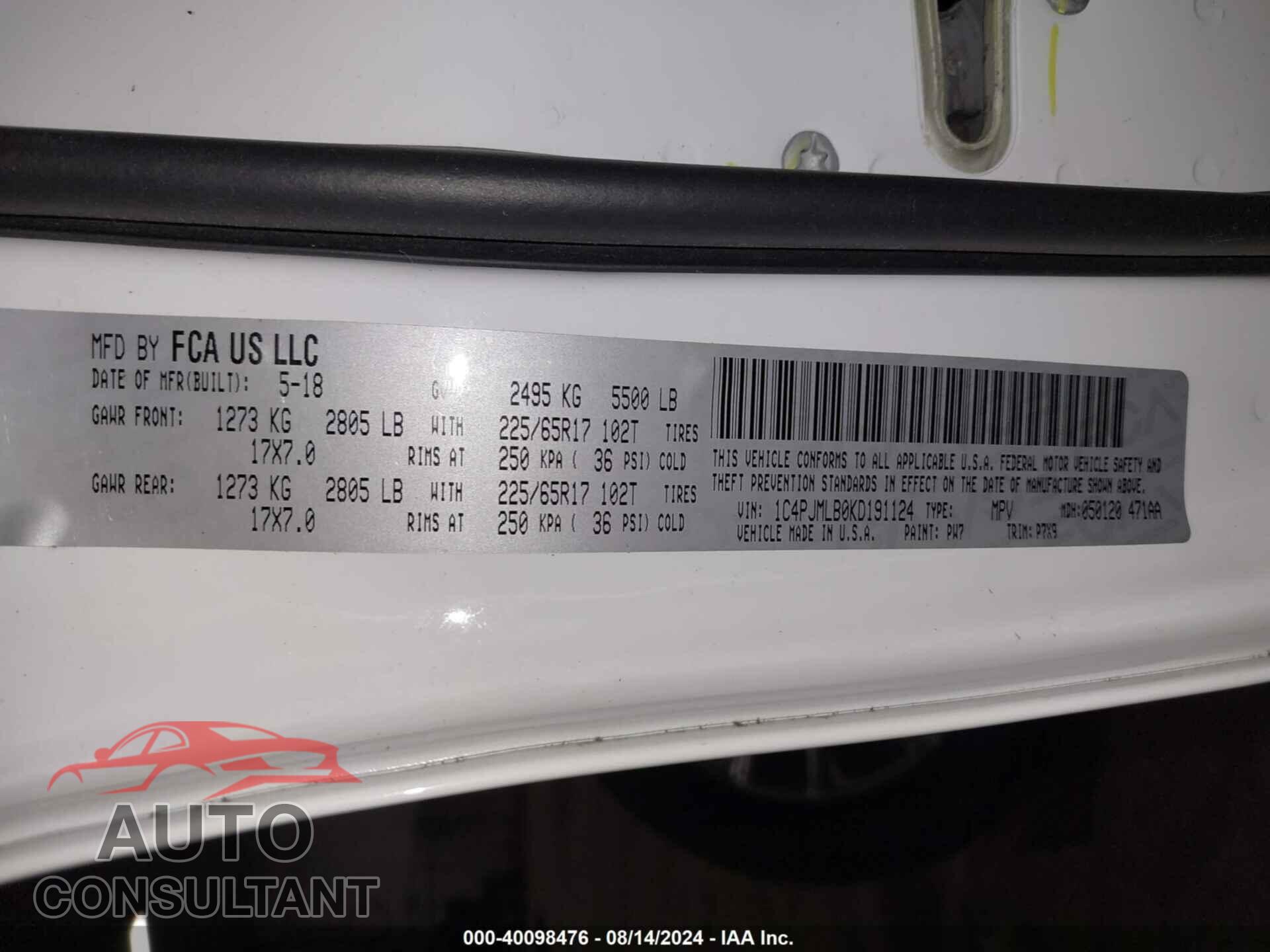 JEEP CHEROKEE 2019 - 1C4PJMLB0KD191124