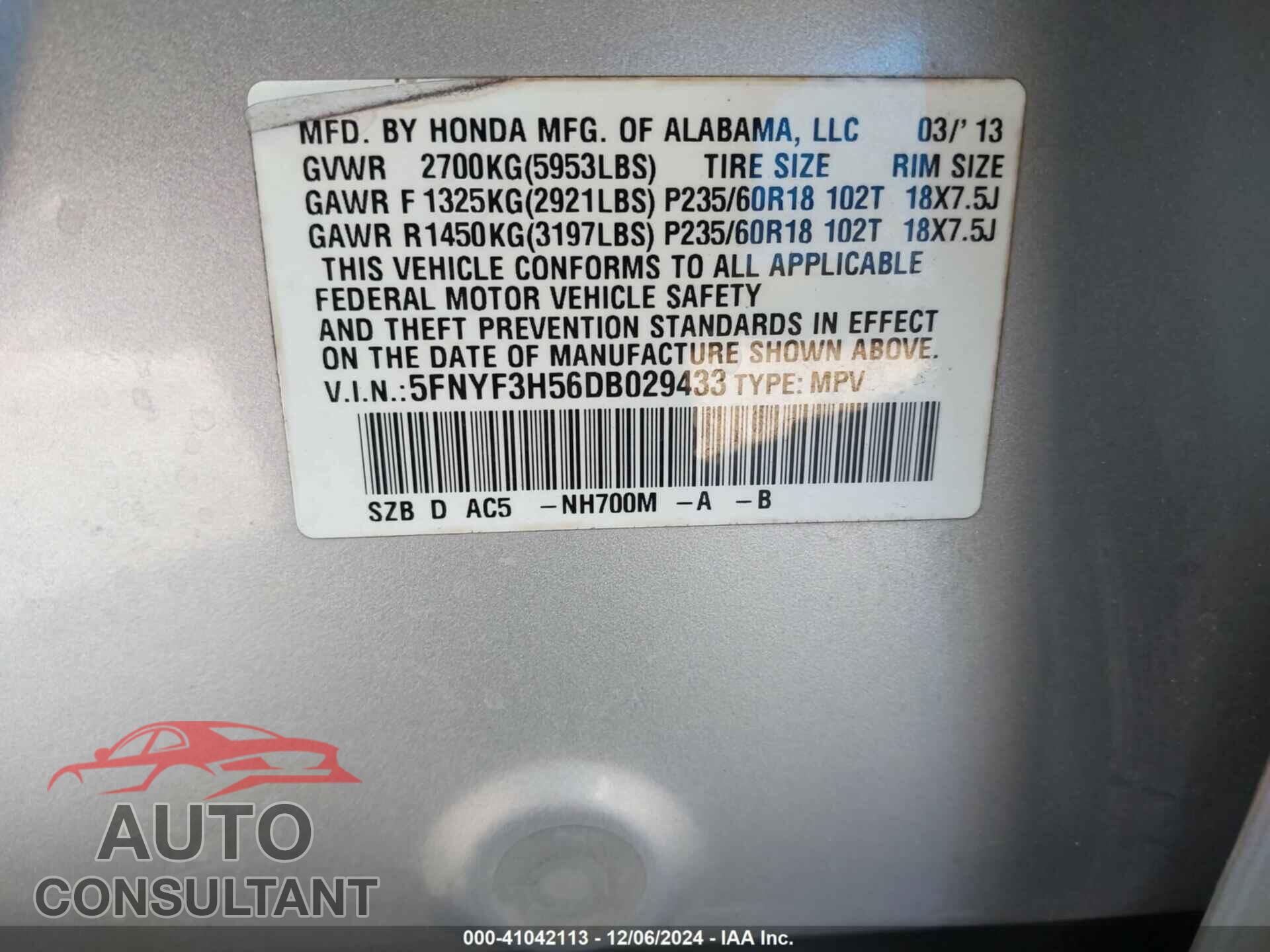 HONDA PILOT 2013 - 5FNYF3H56DB029433