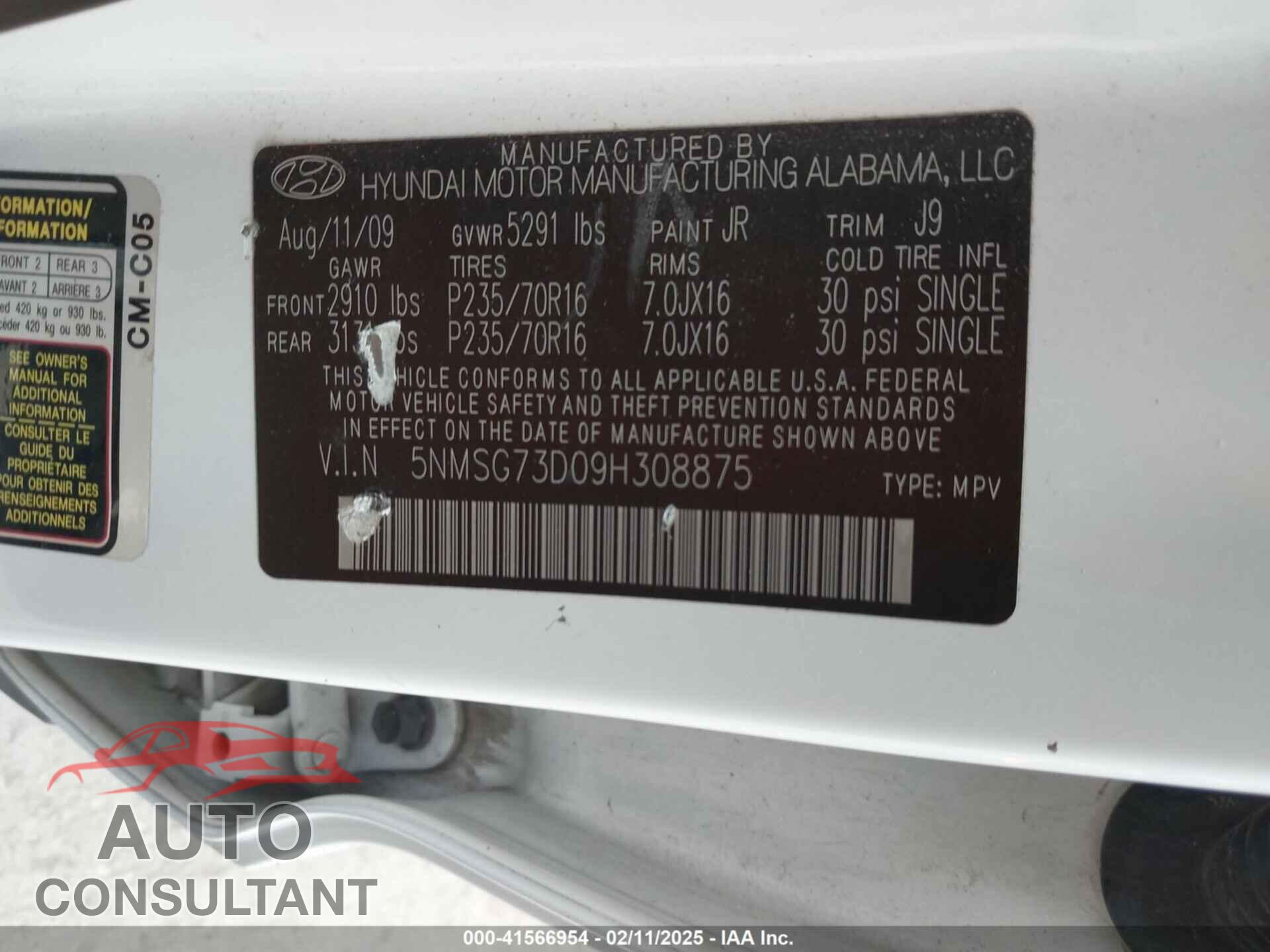 HYUNDAI SANTA FE 2009 - 5NMSG73D09H308875
