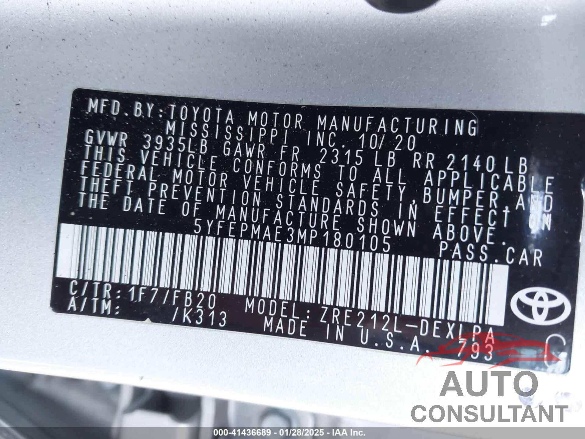 TOYOTA COROLLA 2021 - 5YFEPMAE3MP180105