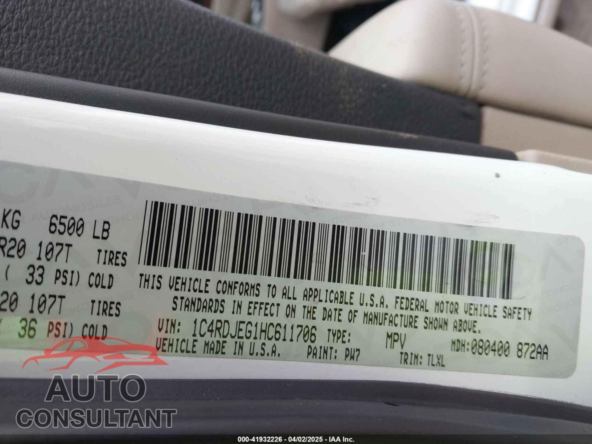 DODGE DURANGO 2017 - 1C4RDJEG1HC611706