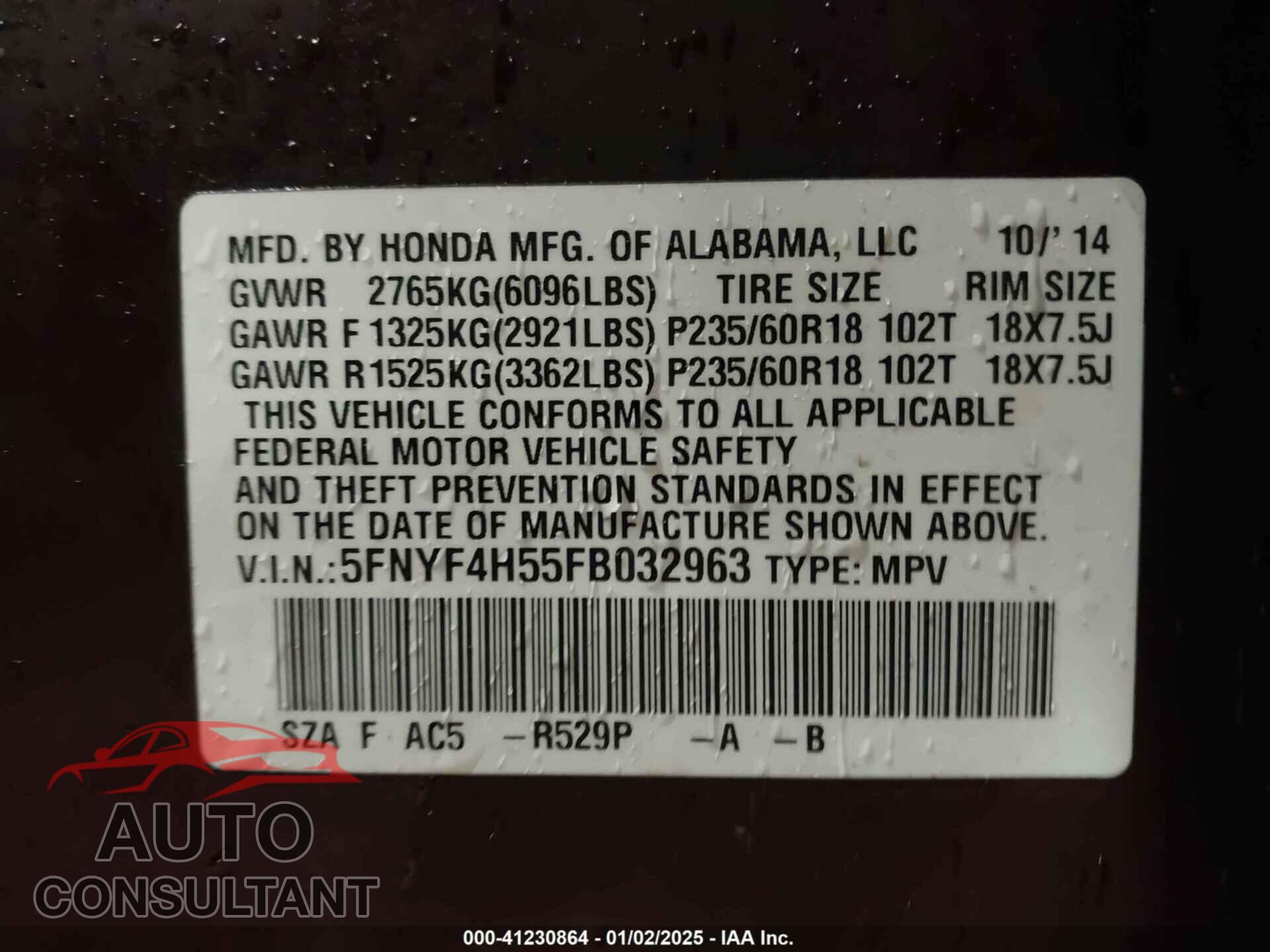 HONDA PILOT 2015 - 5FNYF4H55FB032963