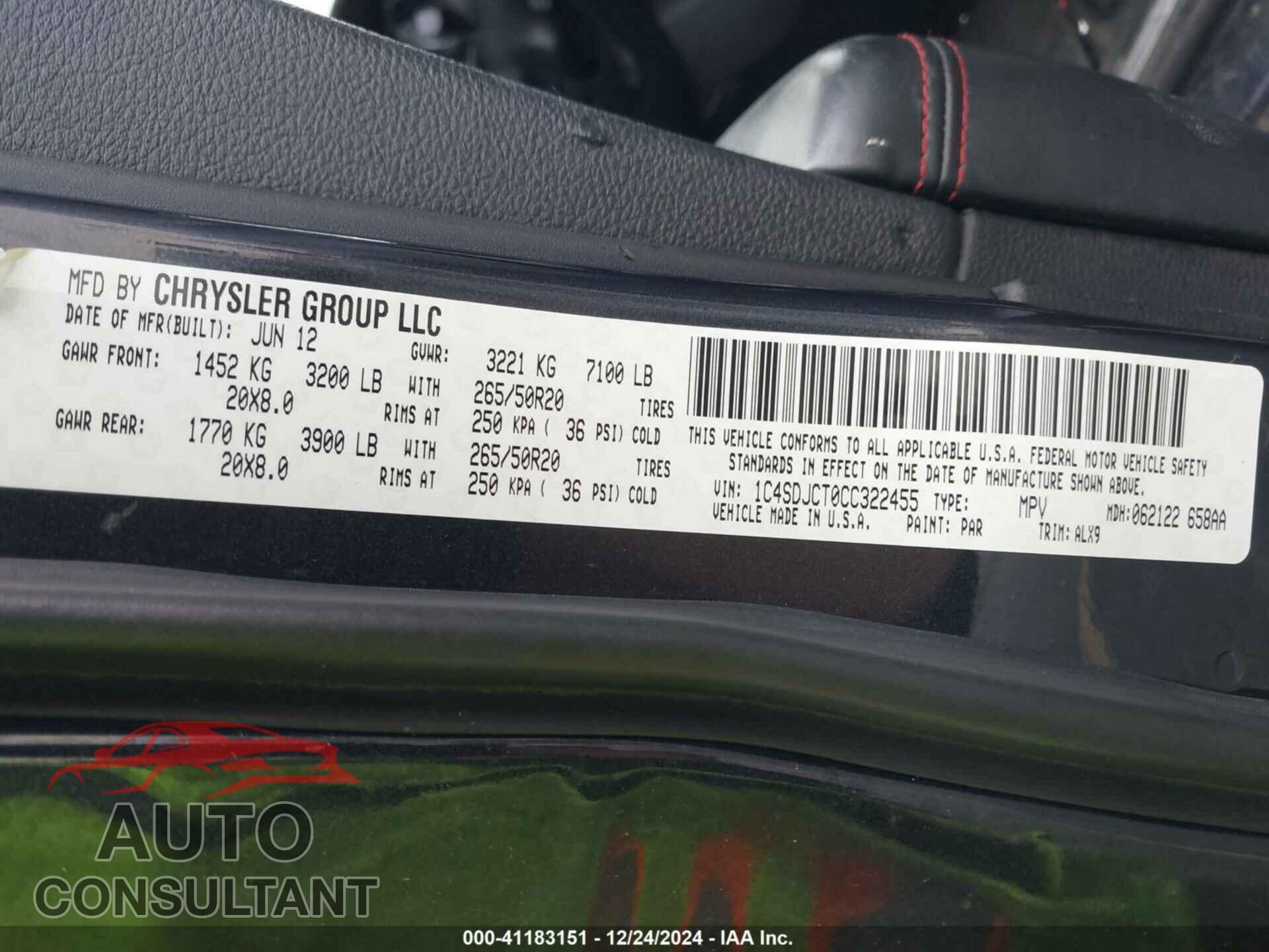 DODGE DURANGO 2012 - 1C4SDJCT0CC322455