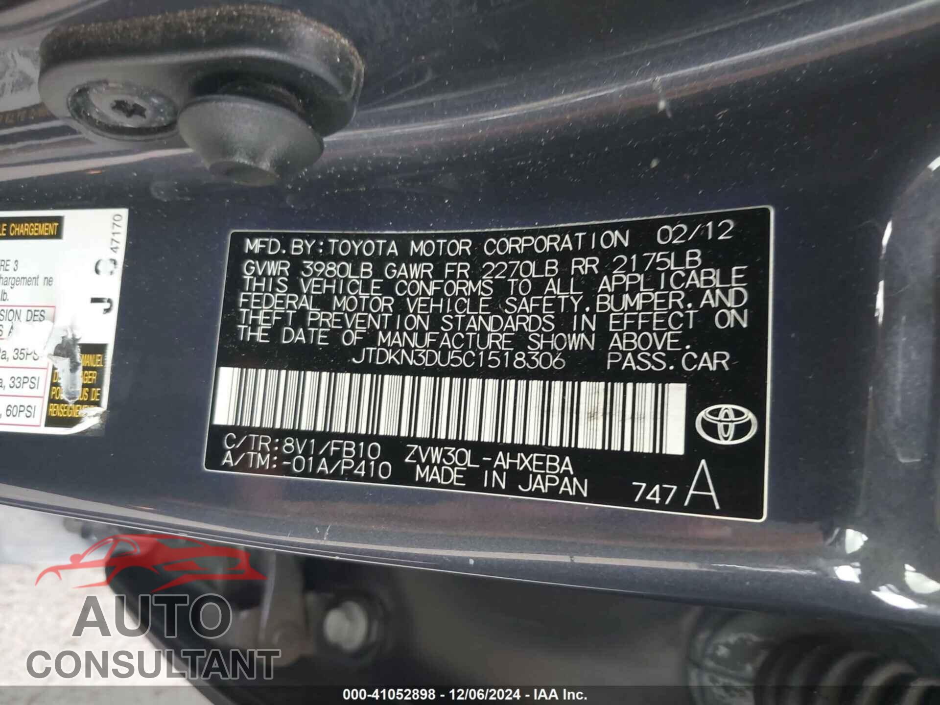 TOYOTA PRIUS 2012 - JTDKN3DU5C1518306