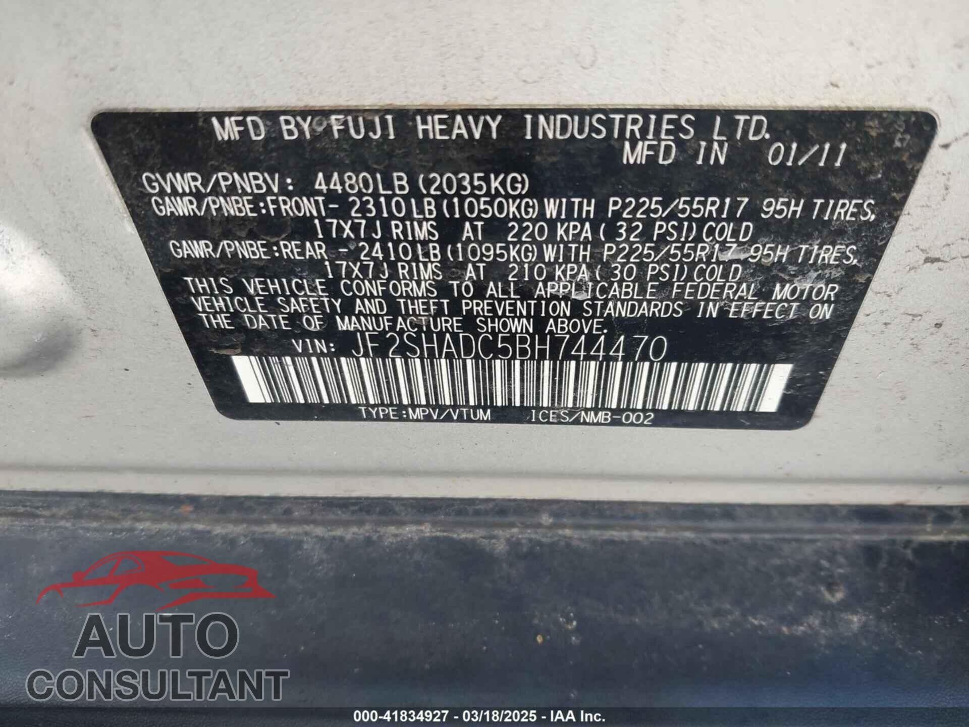 SUBARU FORESTER 2011 - JF2SHADC5BH744470