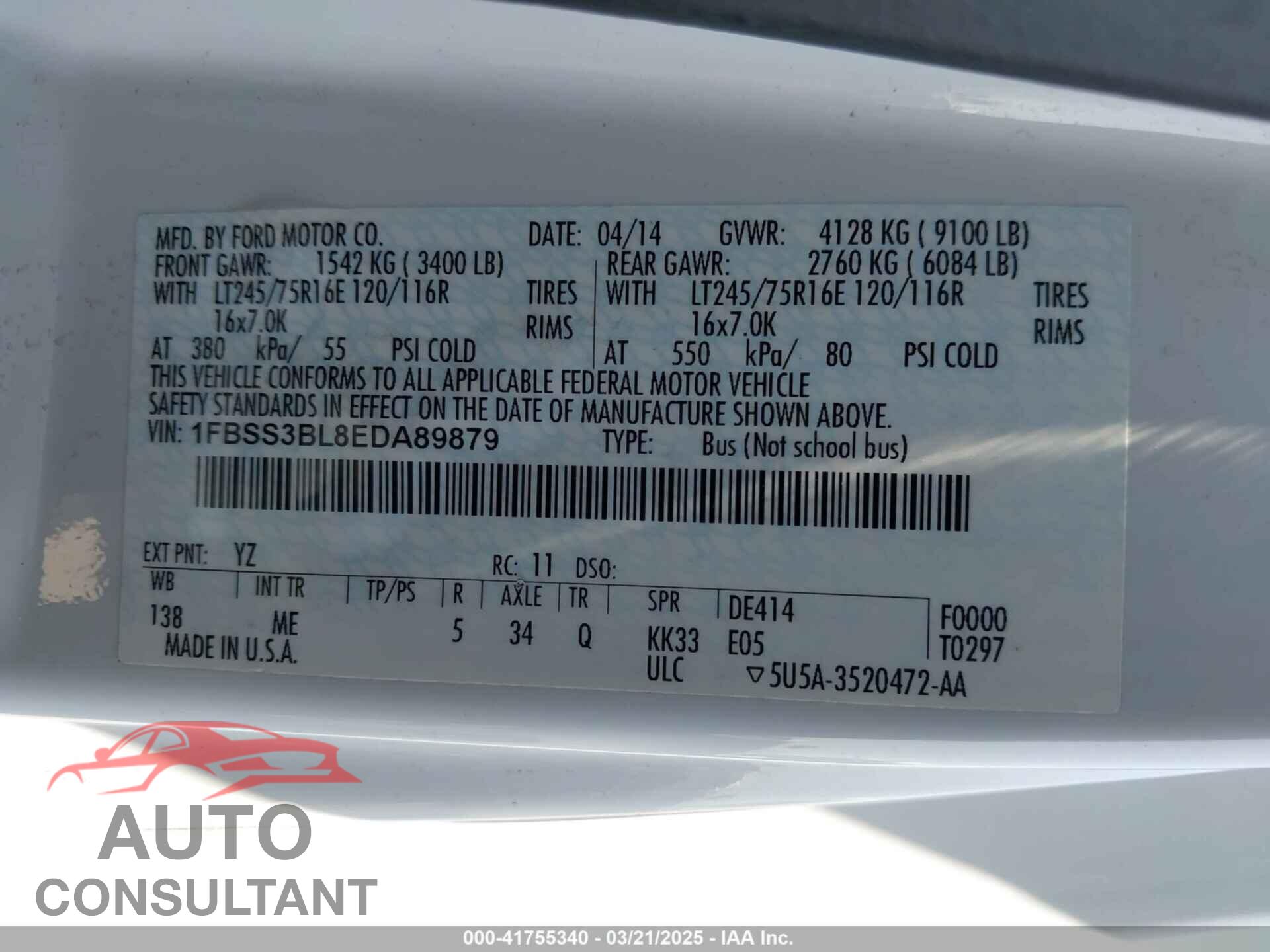 FORD E-350 SUPER DUTY 2014 - 1FBSS3BL8EDA89879
