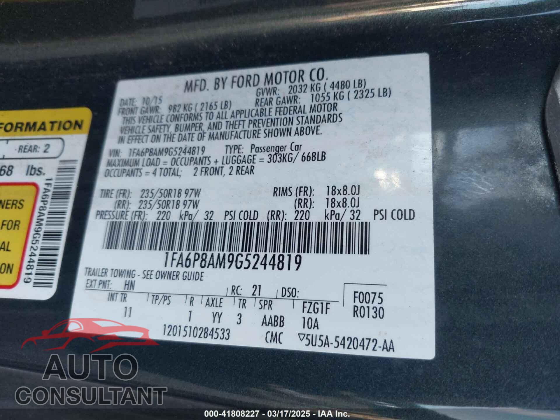 FORD MUSTANG 2016 - 1FA6P8AM9G5244819
