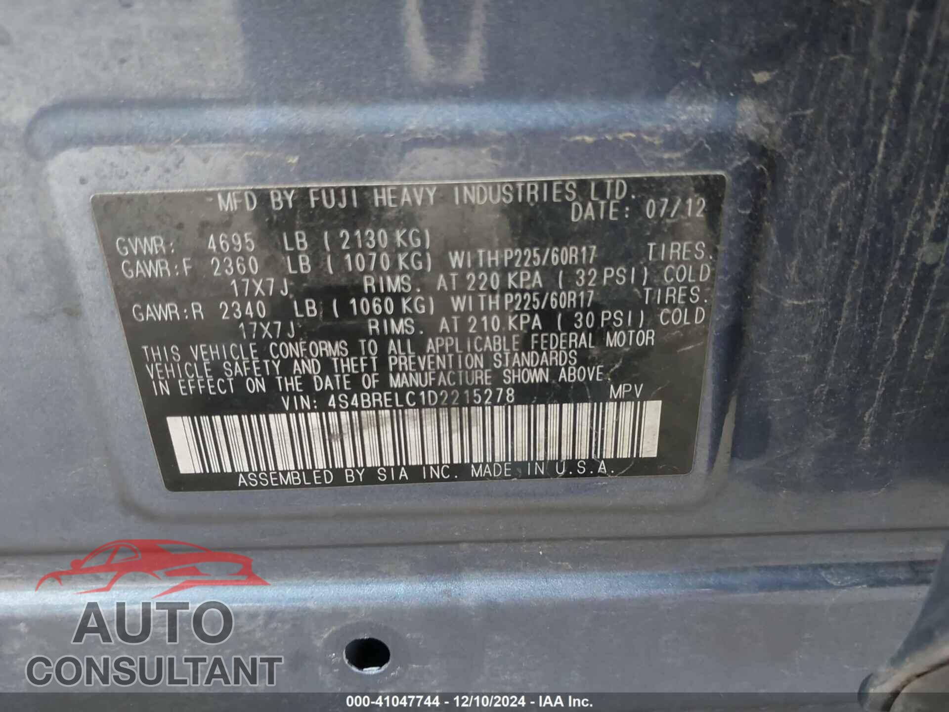 SUBARU OUTBACK 2013 - 4S4BRELC1D2215278