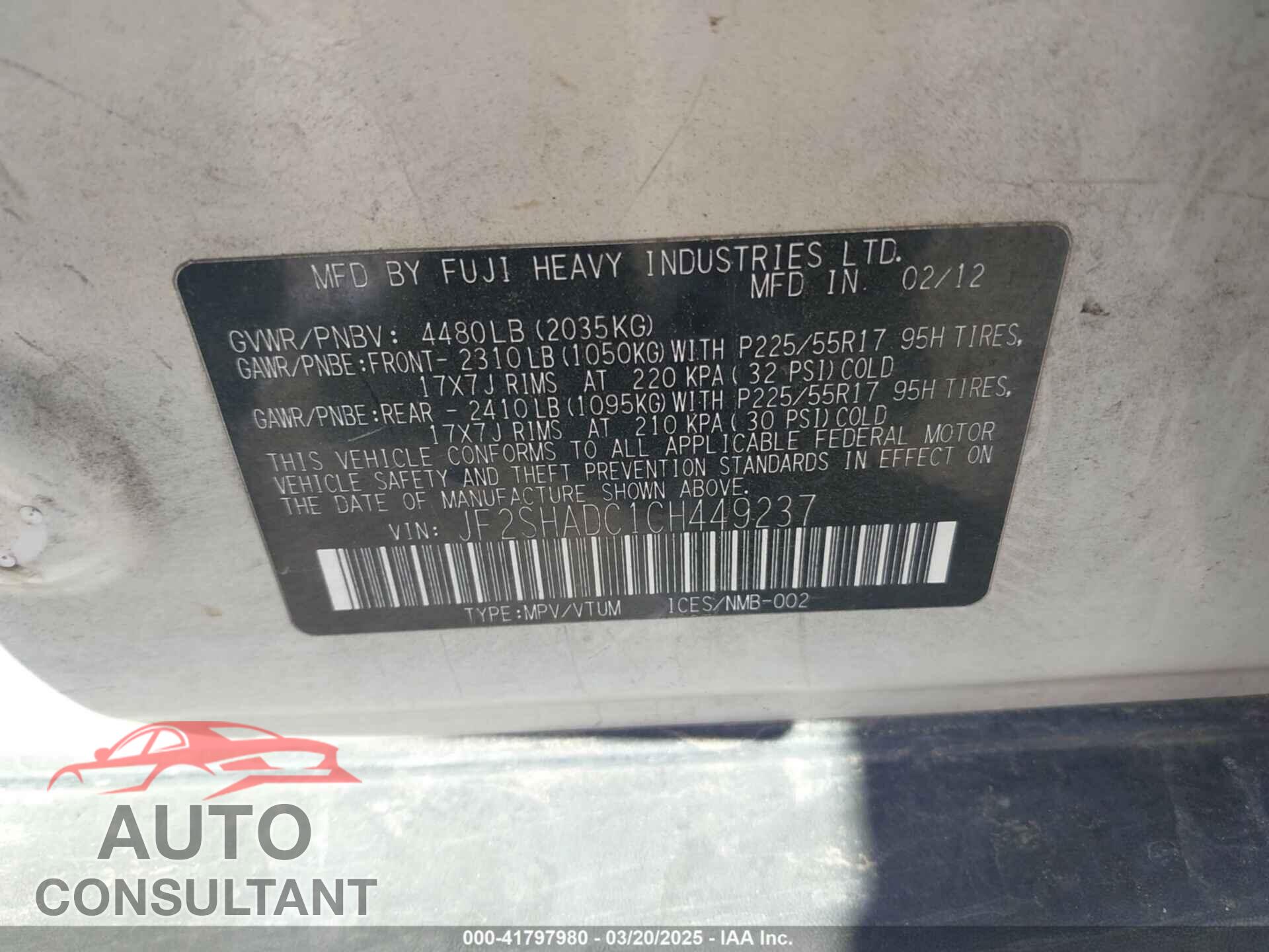 SUBARU FORESTER 2012 - JF2SHADC1CH449237