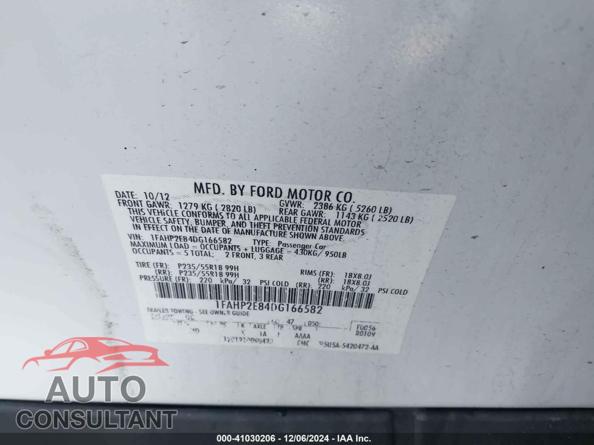 FORD TAURUS 2013 - 1FAHP2E84DG166582