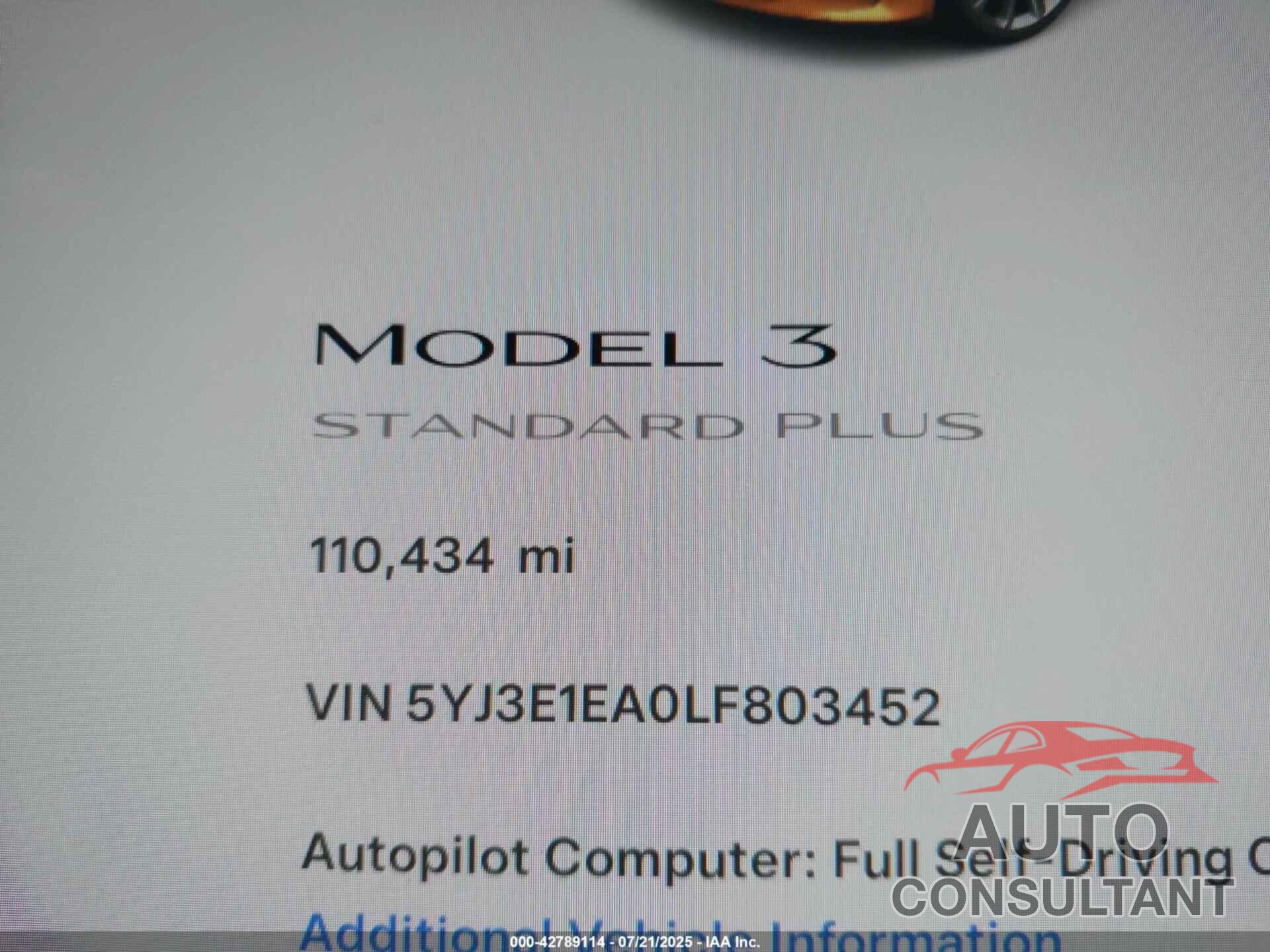 TESLA MODEL 3 2020 - 5YJ3E1EA0LF803452