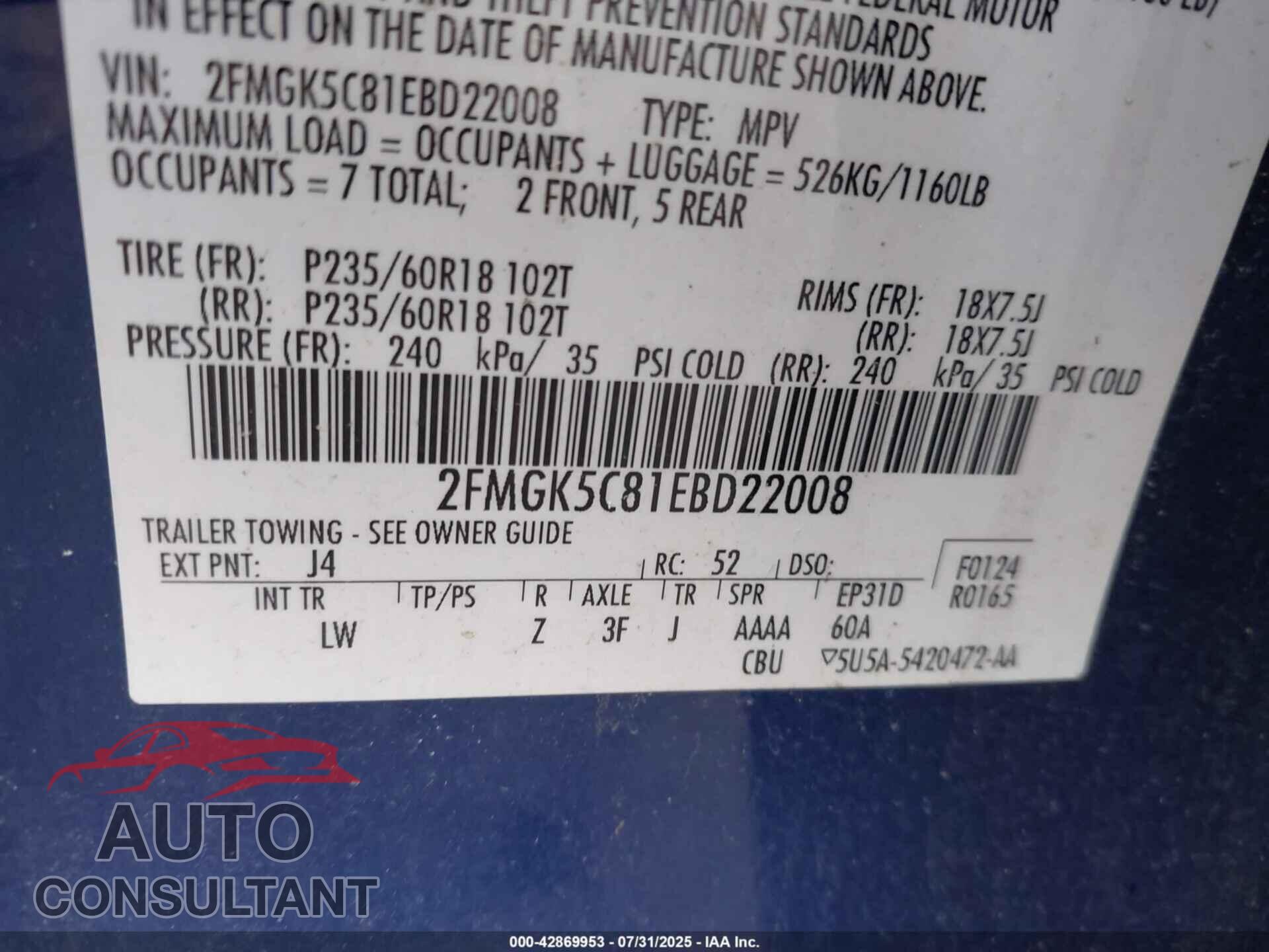 FORD FLEX 2014 - 2FMGK5C81EBD22008
