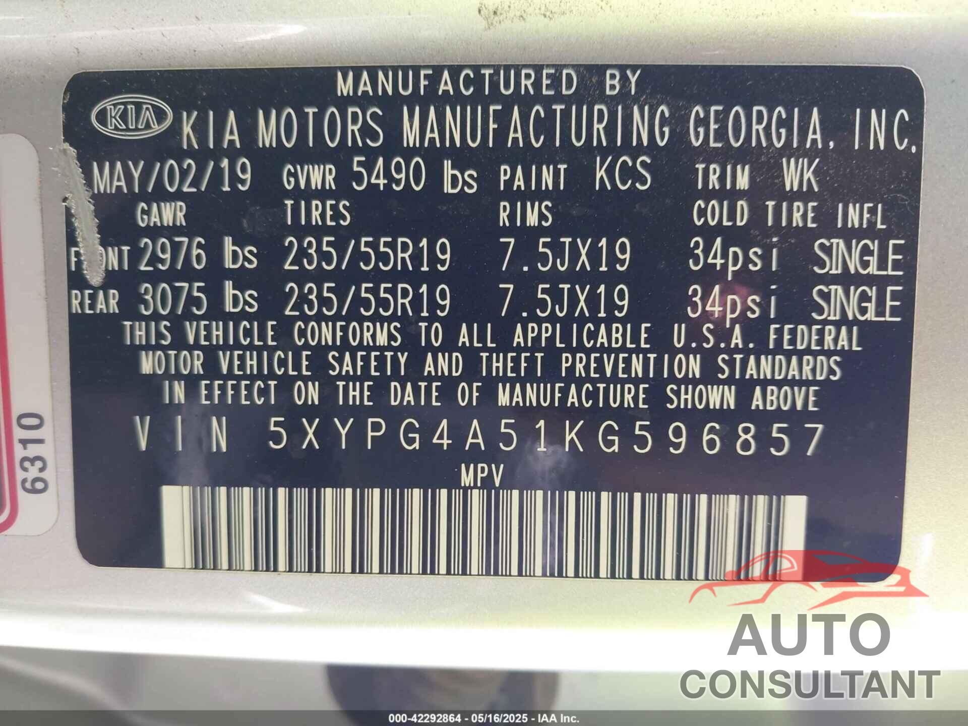 KIA SORENTO 2019 - 5XYPG4A51KG596857
