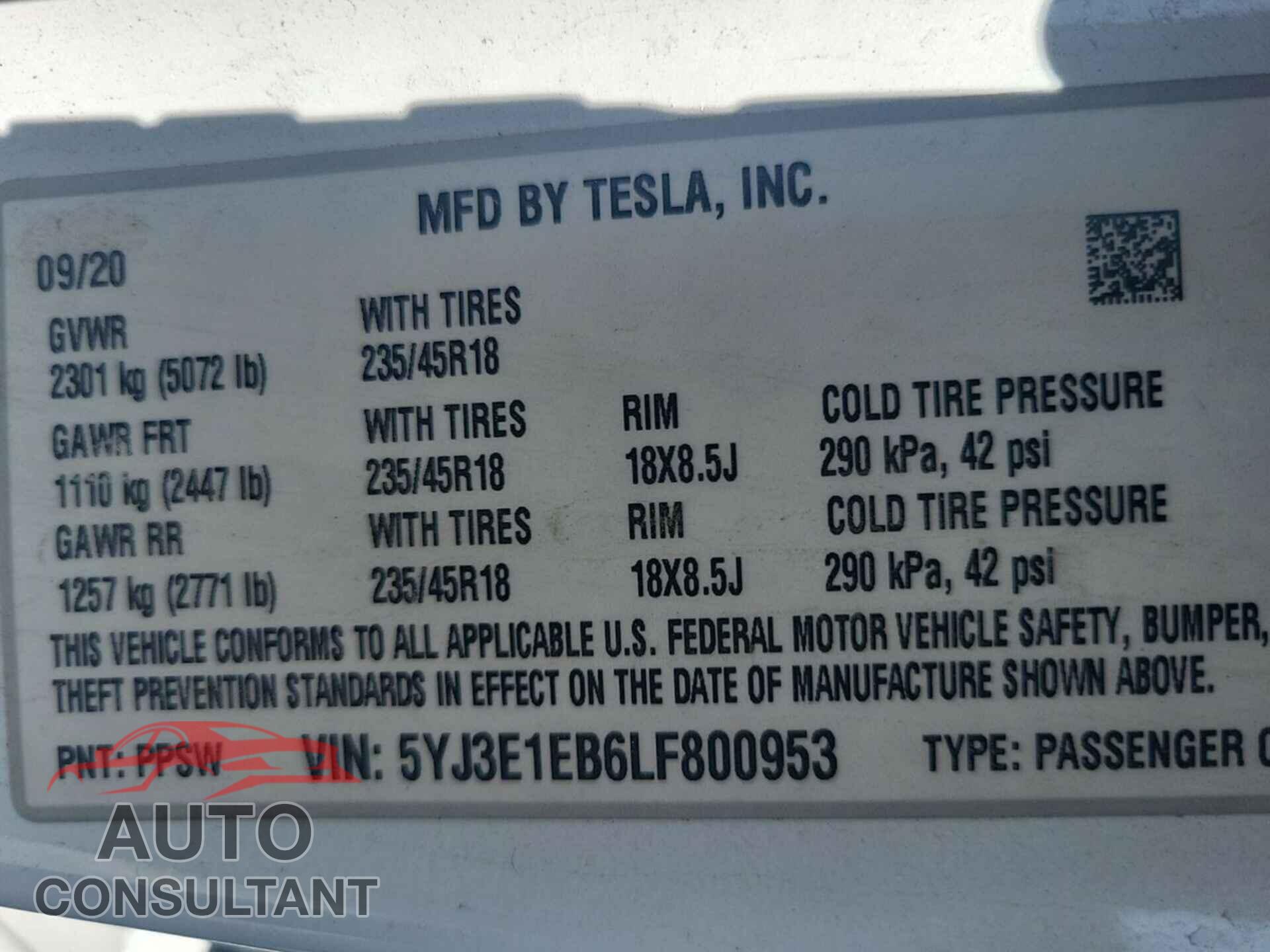 TESLA MODEL 3 2020 - 5YJ3E1EB6LF800953