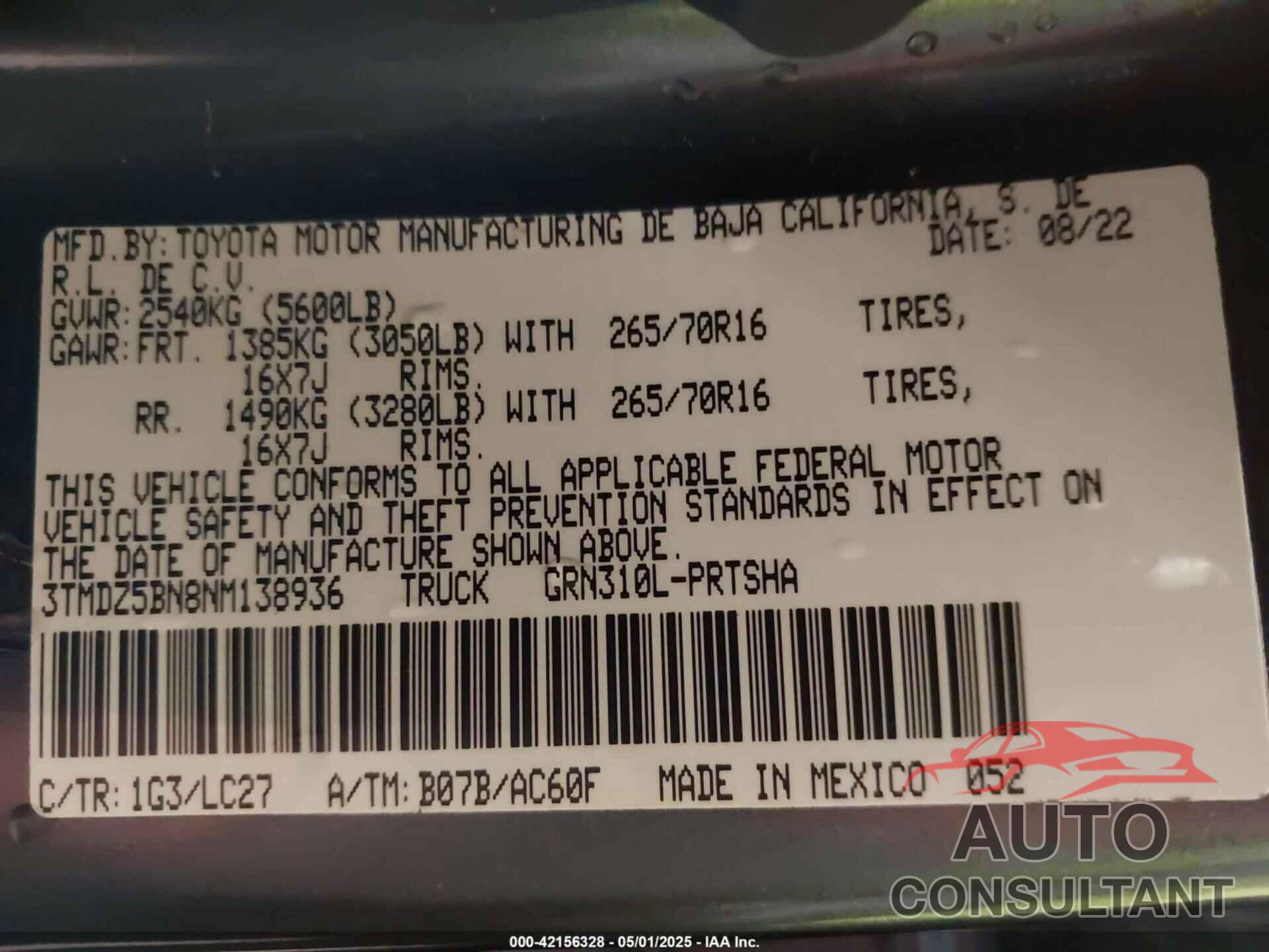 TOYOTA TACOMA 2022 - 3TMDZ5BN8NM138936
