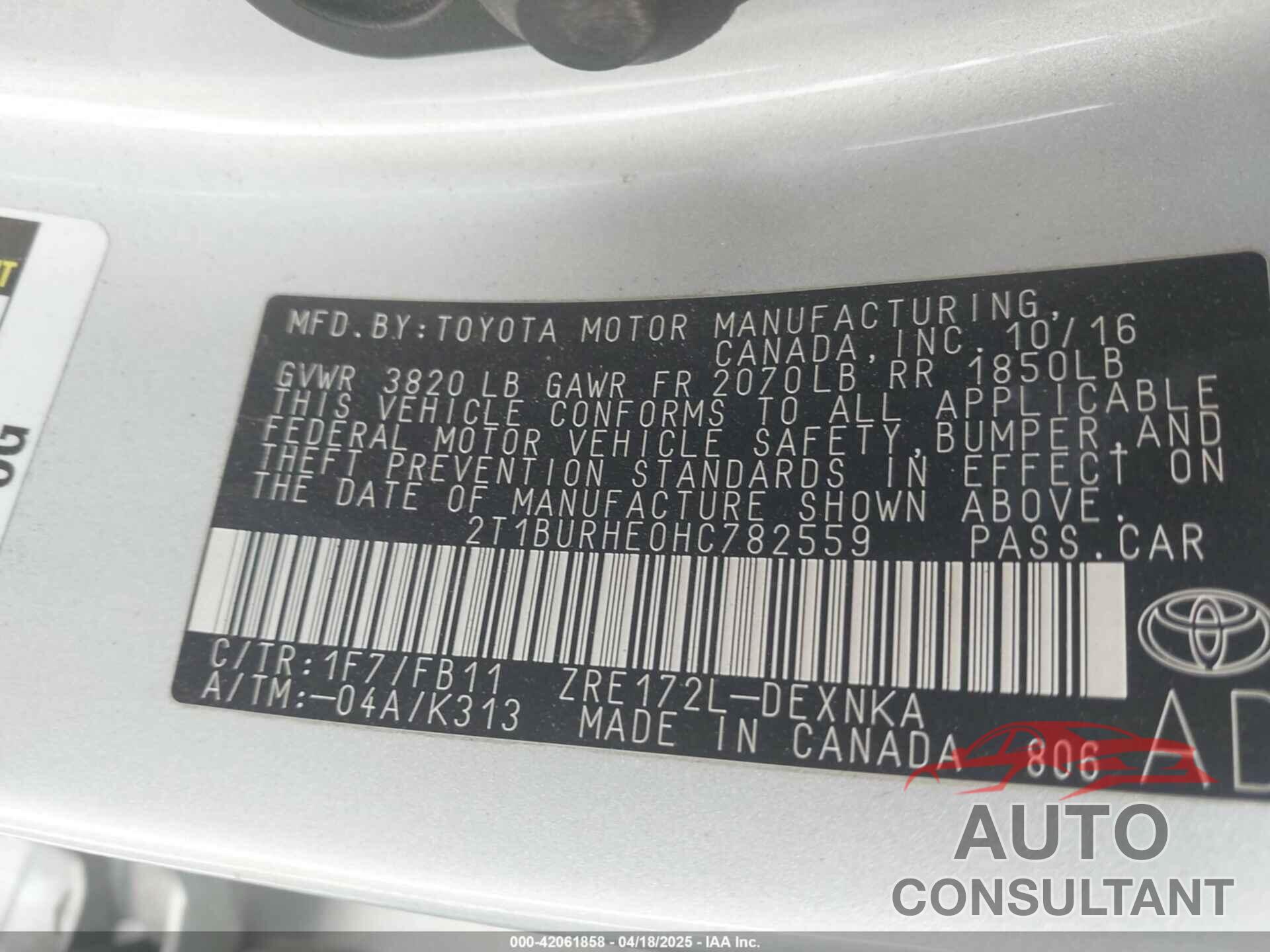 TOYOTA COROLLA 2017 - 2T1BURHE0HC782559