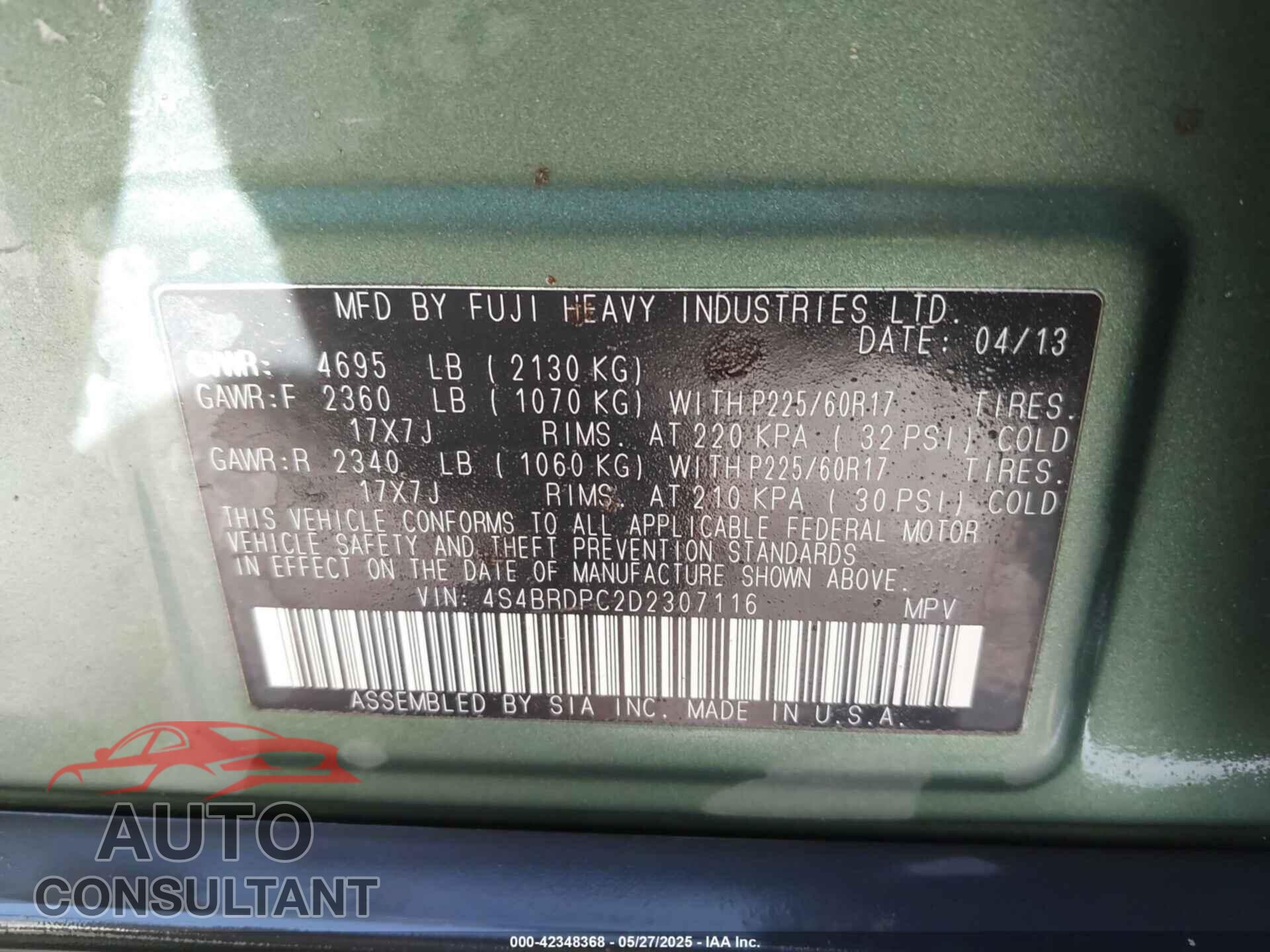 SUBARU OUTBACK 2013 - 4S4BRDPC2D2307116