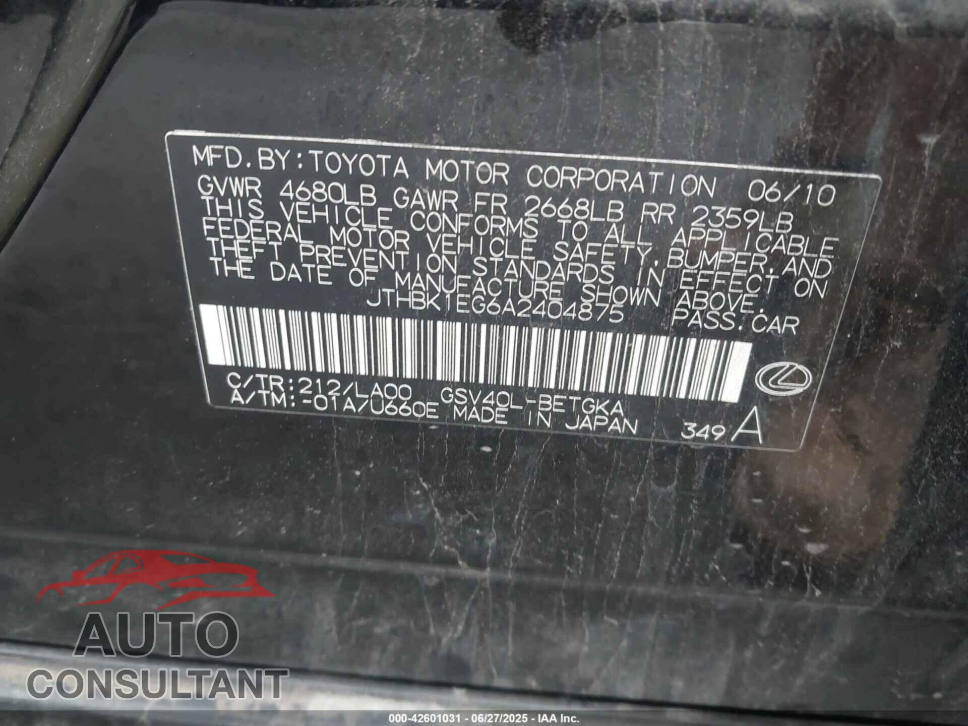 LEXUS ES 2010 - JTHBK1EG6A2404875