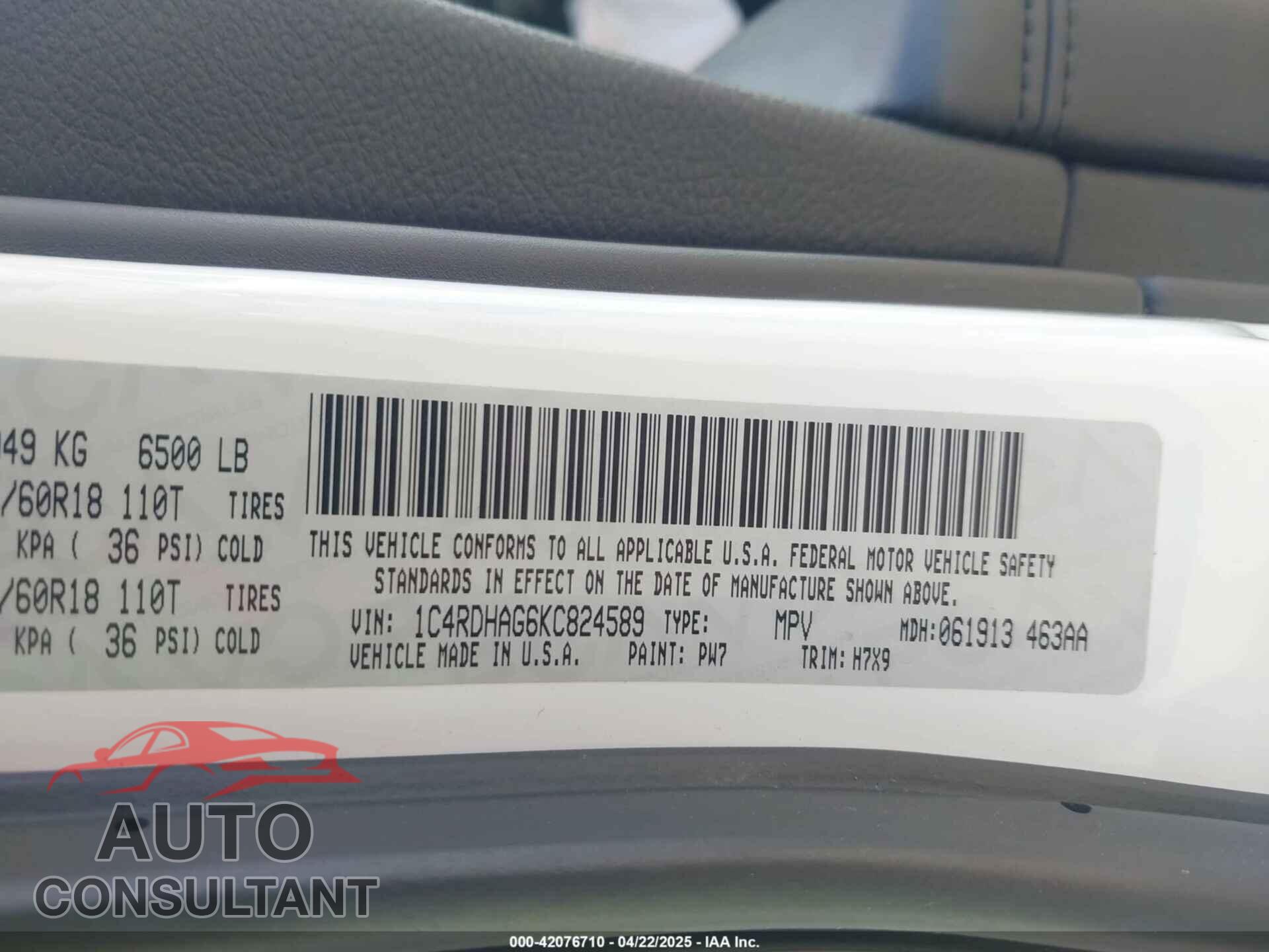 DODGE DURANGO 2019 - 1C4RDHAG6KC824589