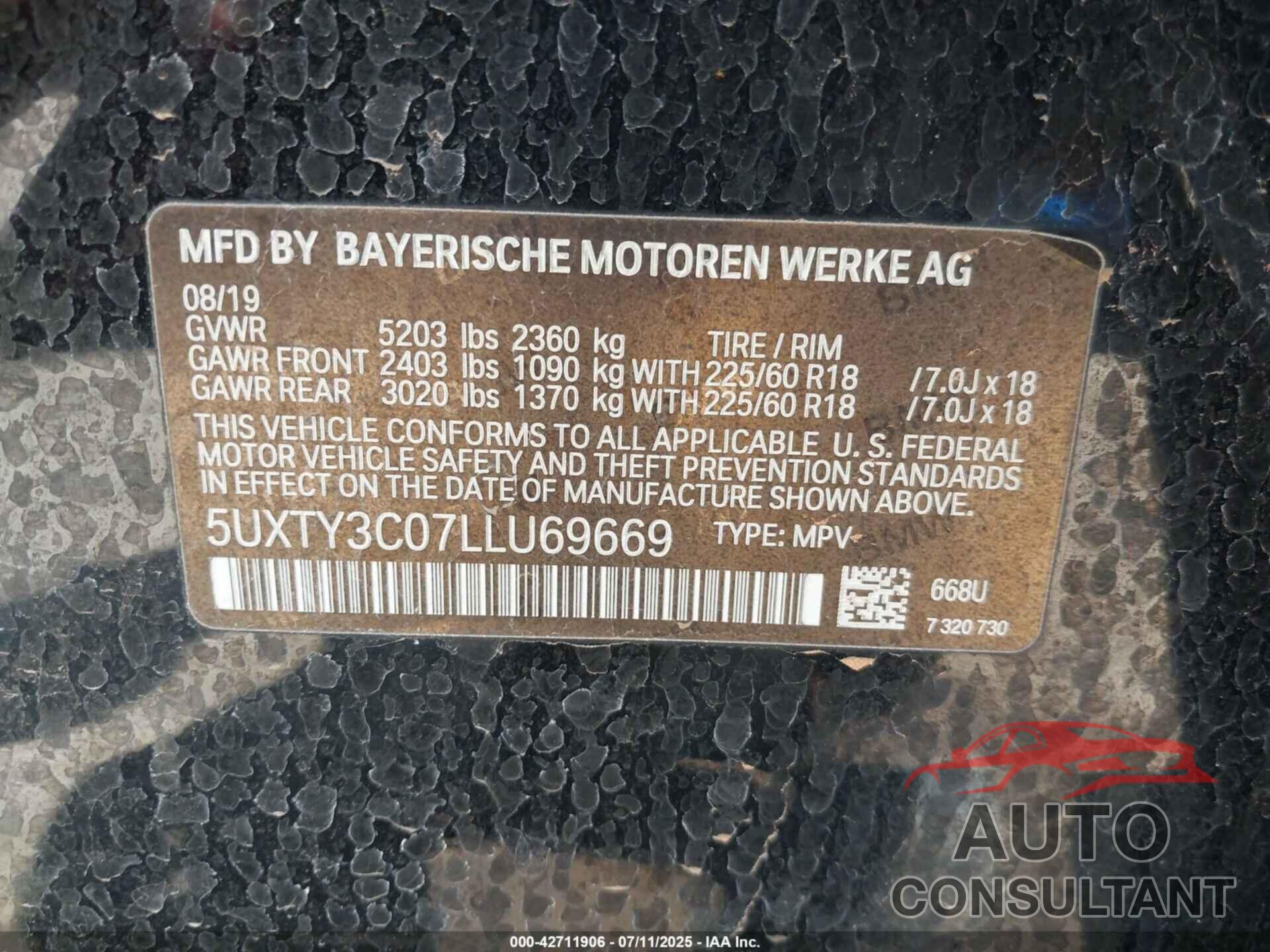 BMW X3 2020 - 5UXTY3C07LLU69669