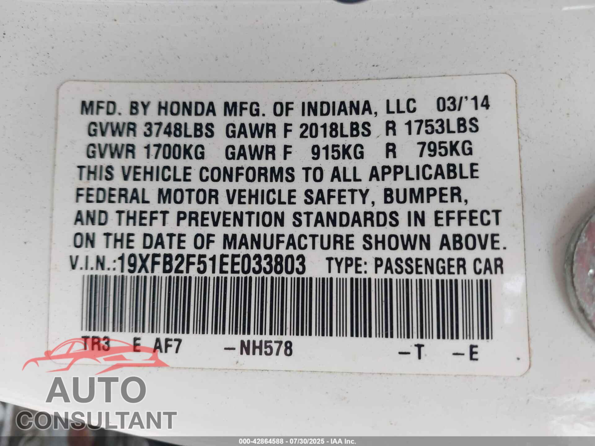 HONDA CIVIC 2014 - 19XFB2F51EE033803