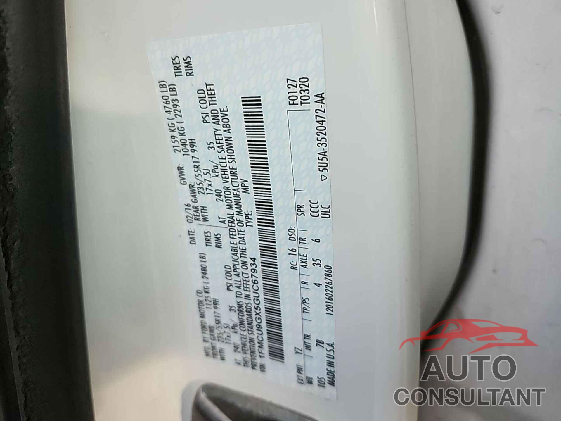 FORD ESCAPE 2016 - 1FMCU9GX5GUC67934