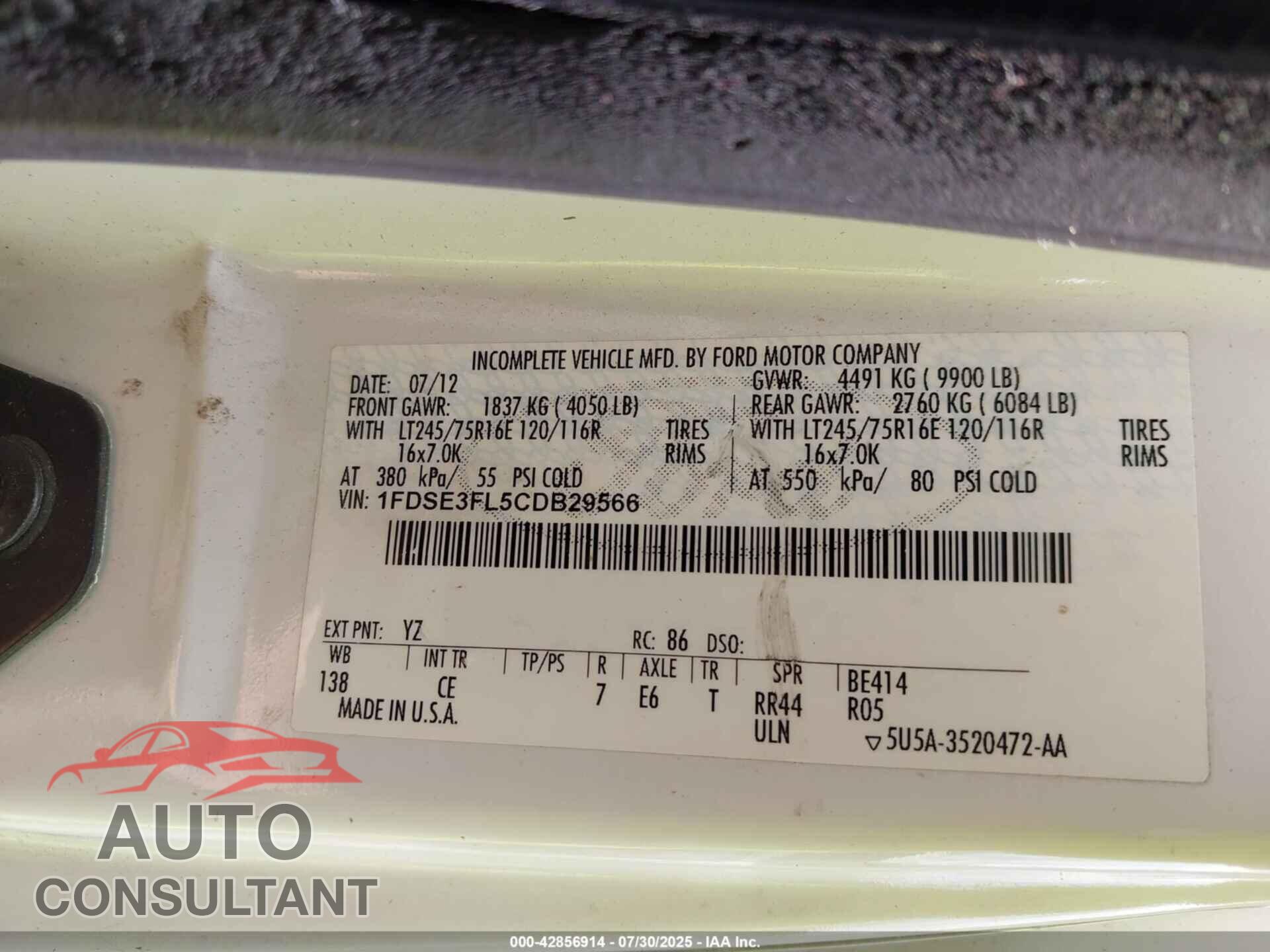 FORD E-350 CUTAWAY 2012 - 1FDSE3FL5CDB29566