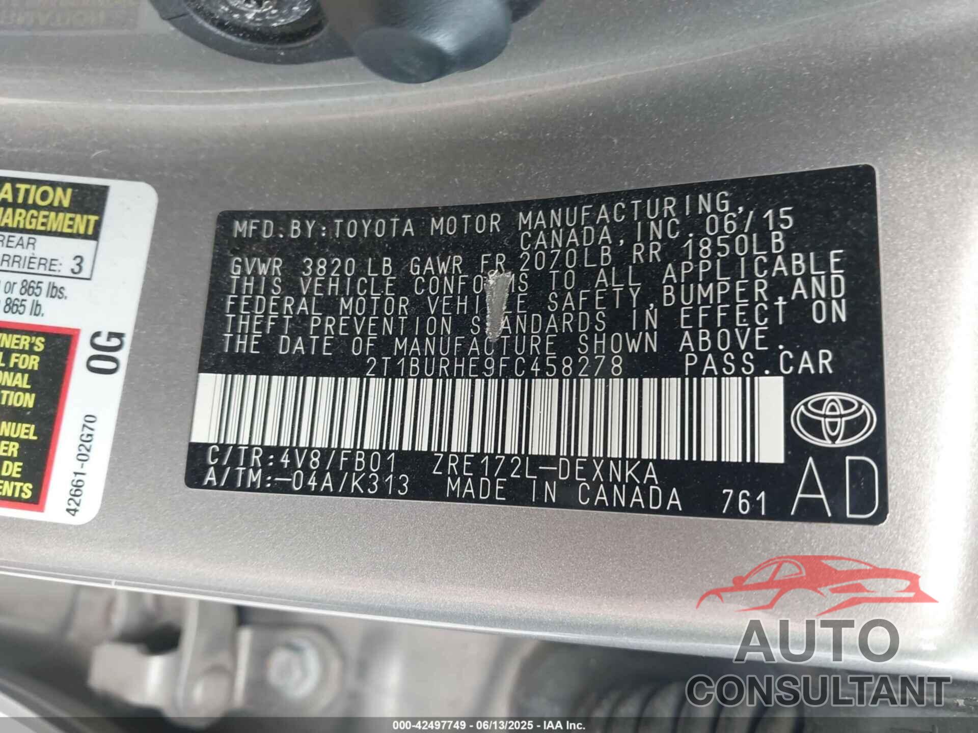TOYOTA COROLLA 2015 - 2T1BURHE9FC458278