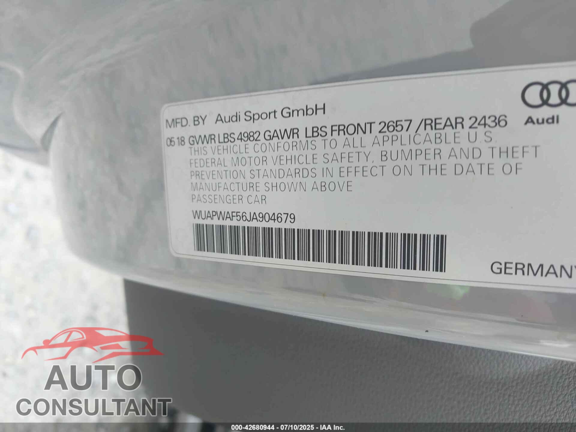 AUDI RS 5 2018 - WUAPWAF56JA904679