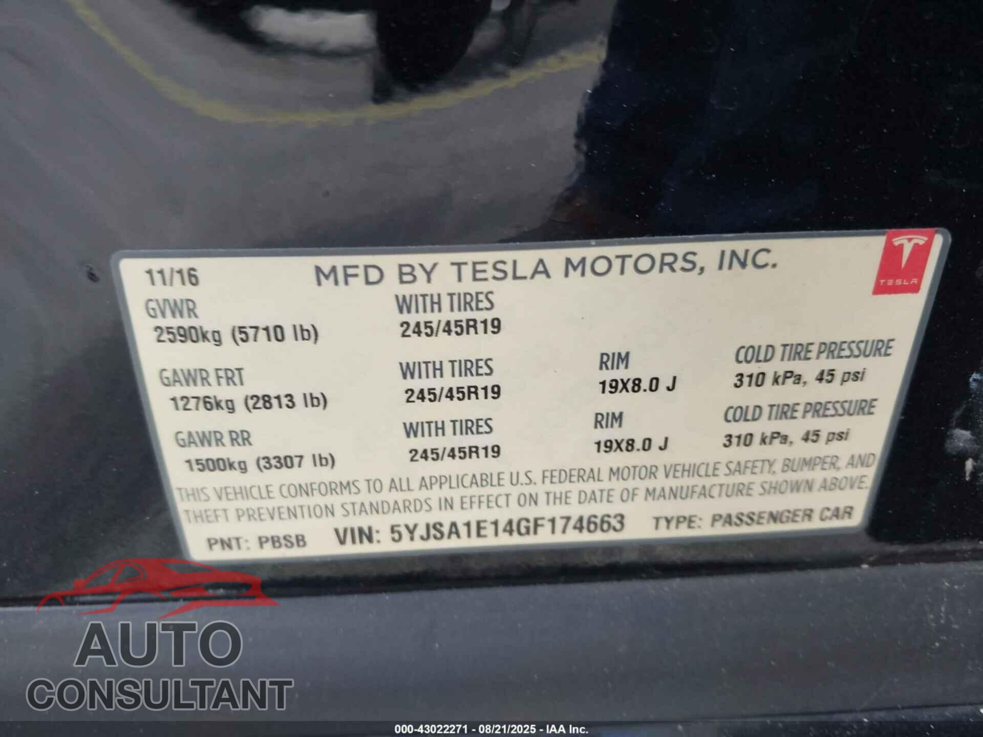 TESLA MODEL S 2016 - 5YJSA1E14GF174663
