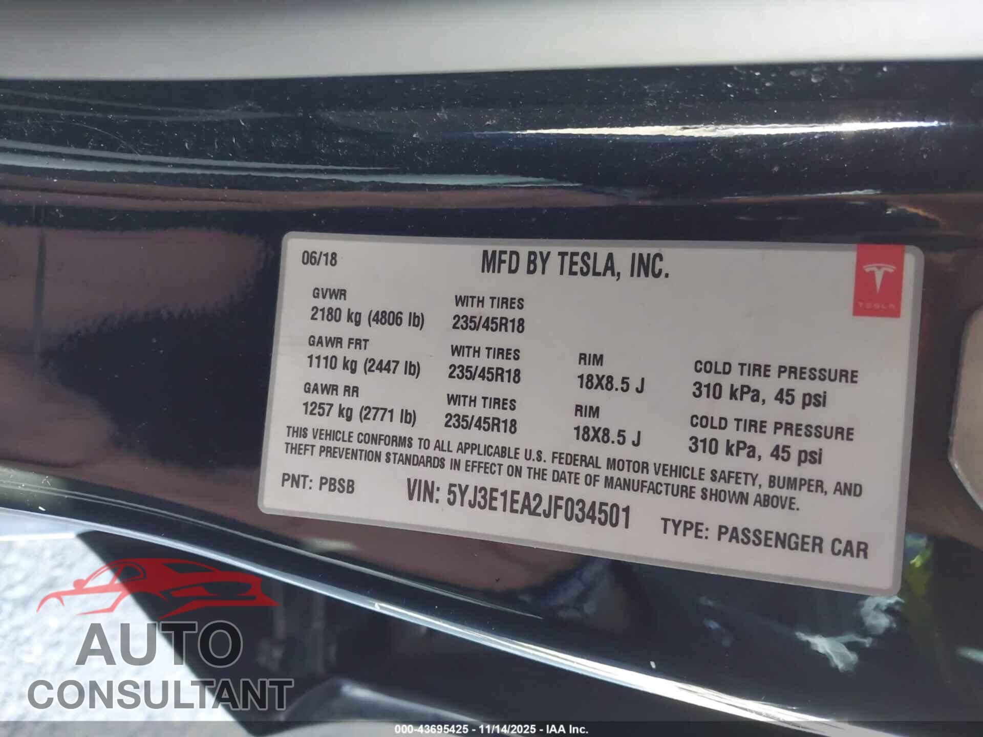 TESLA MODEL 3 2018 - 5YJ3E1EA2JF034501