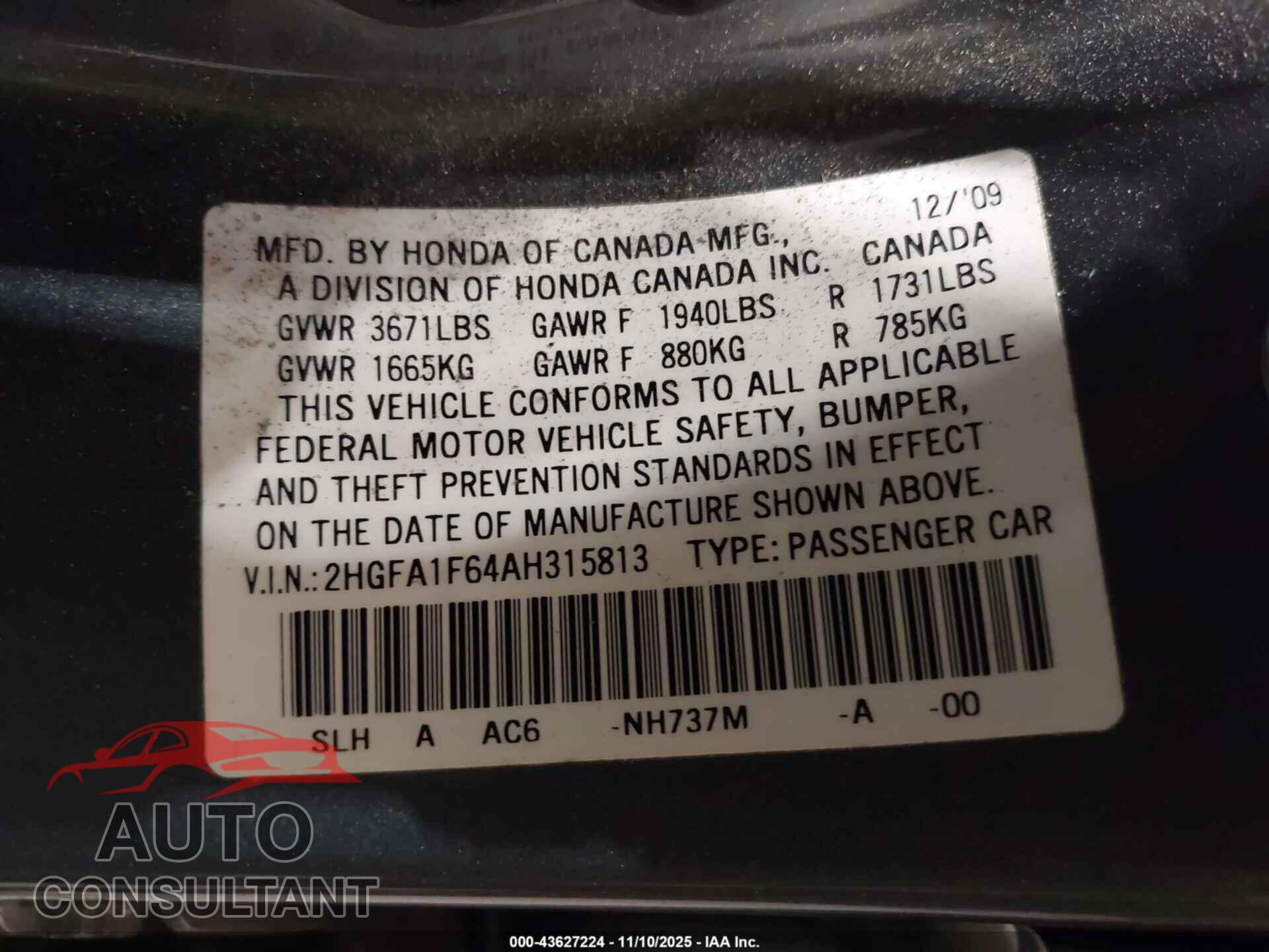 HONDA CIVIC 2010 - 2HGFA1F64AH315813