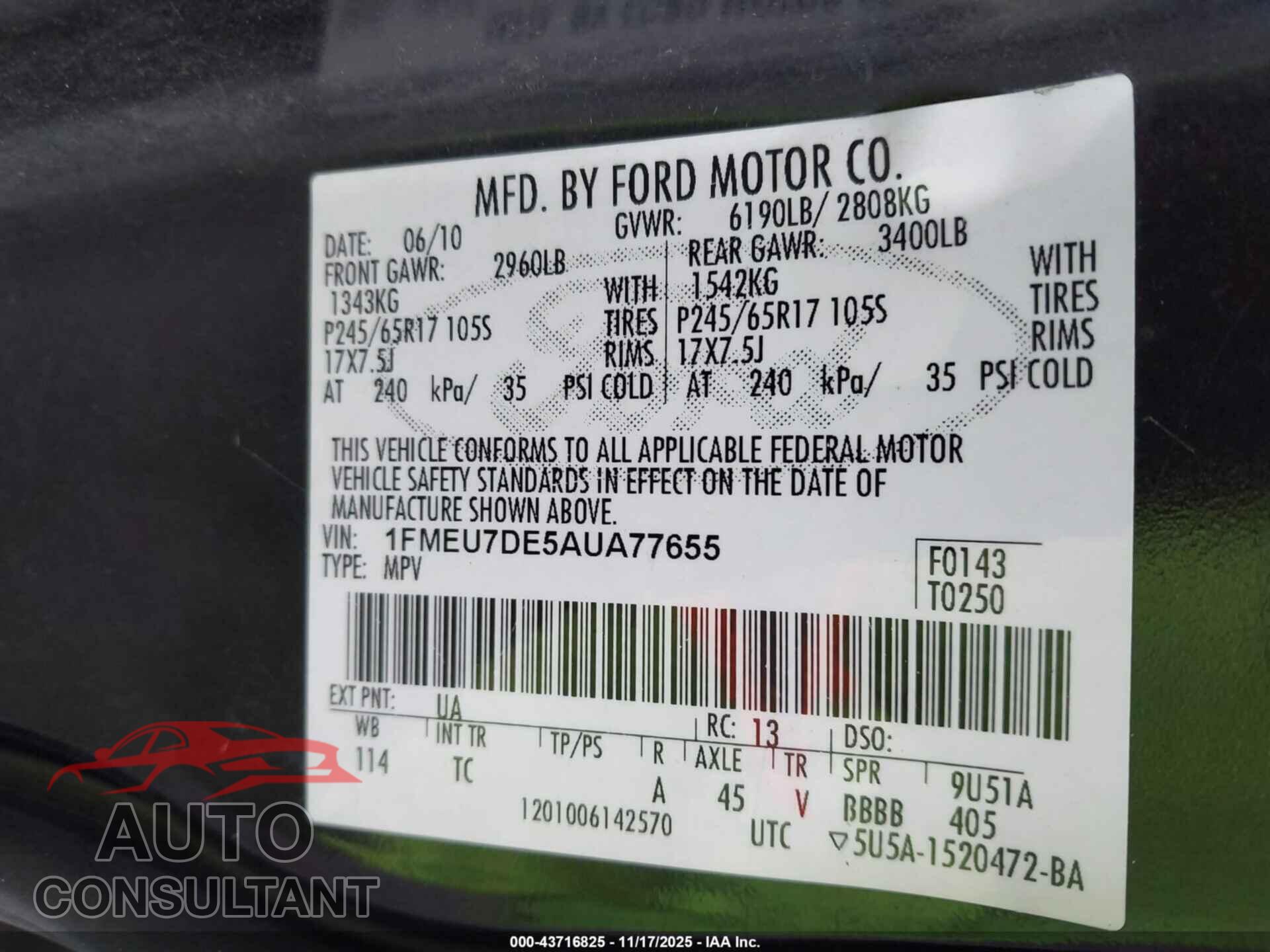 FORD EXPLORER 2010 - 1FMEU7DE5AUA77655