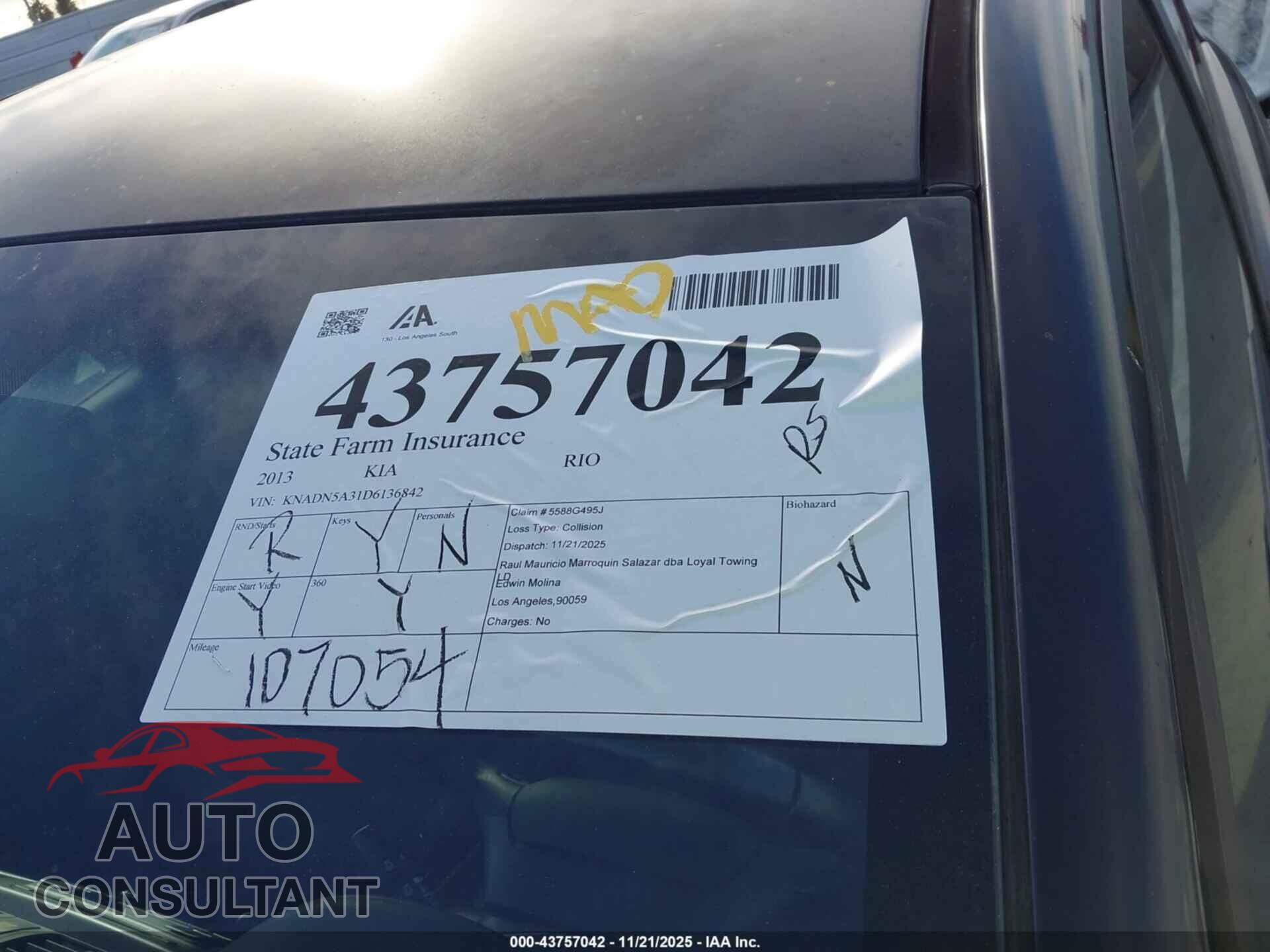 KIA RIO 2013 - KNADN5A31D6136842