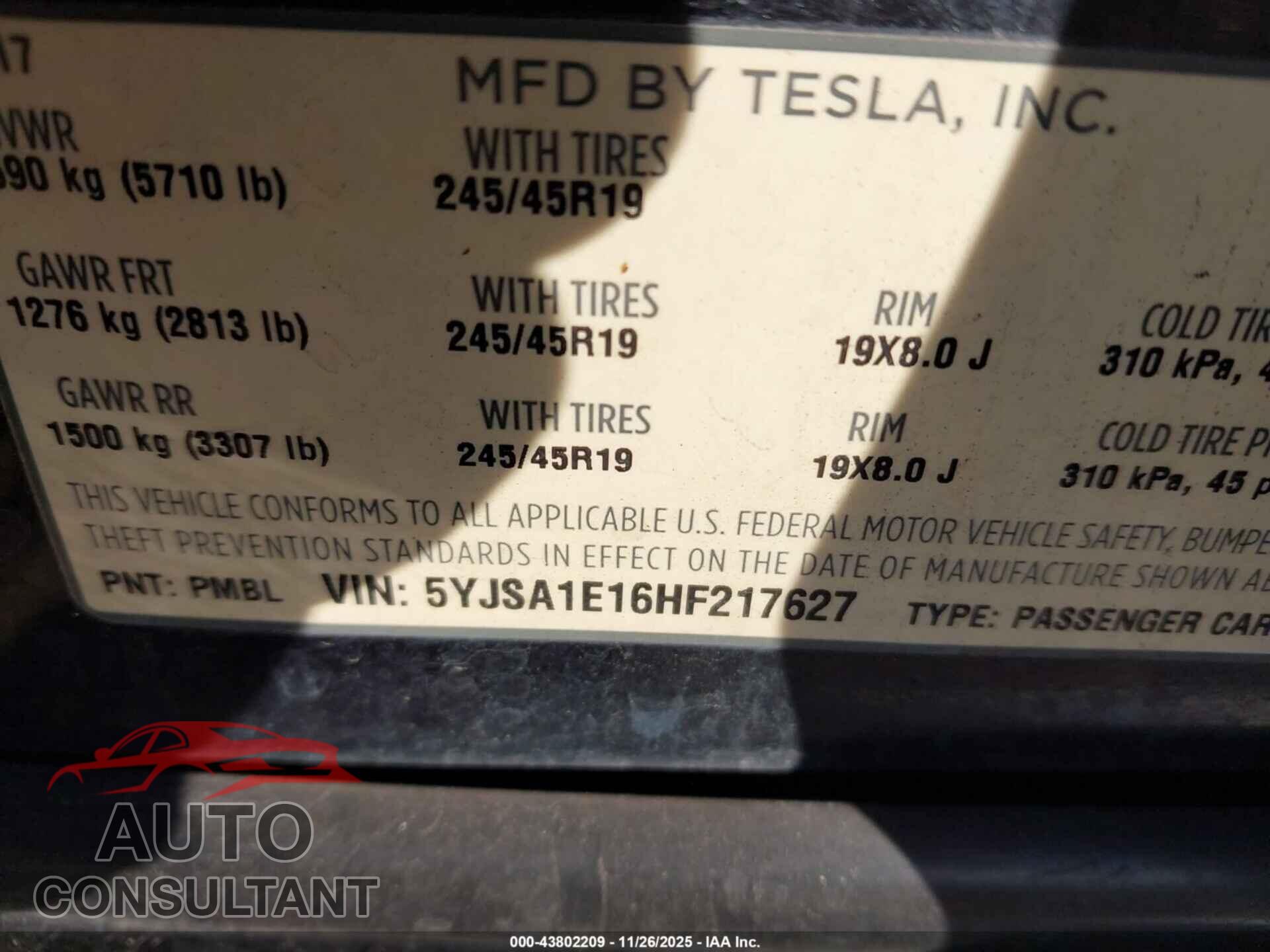 TESLA MODEL S 2017 - 5YJSA1E16HF217627