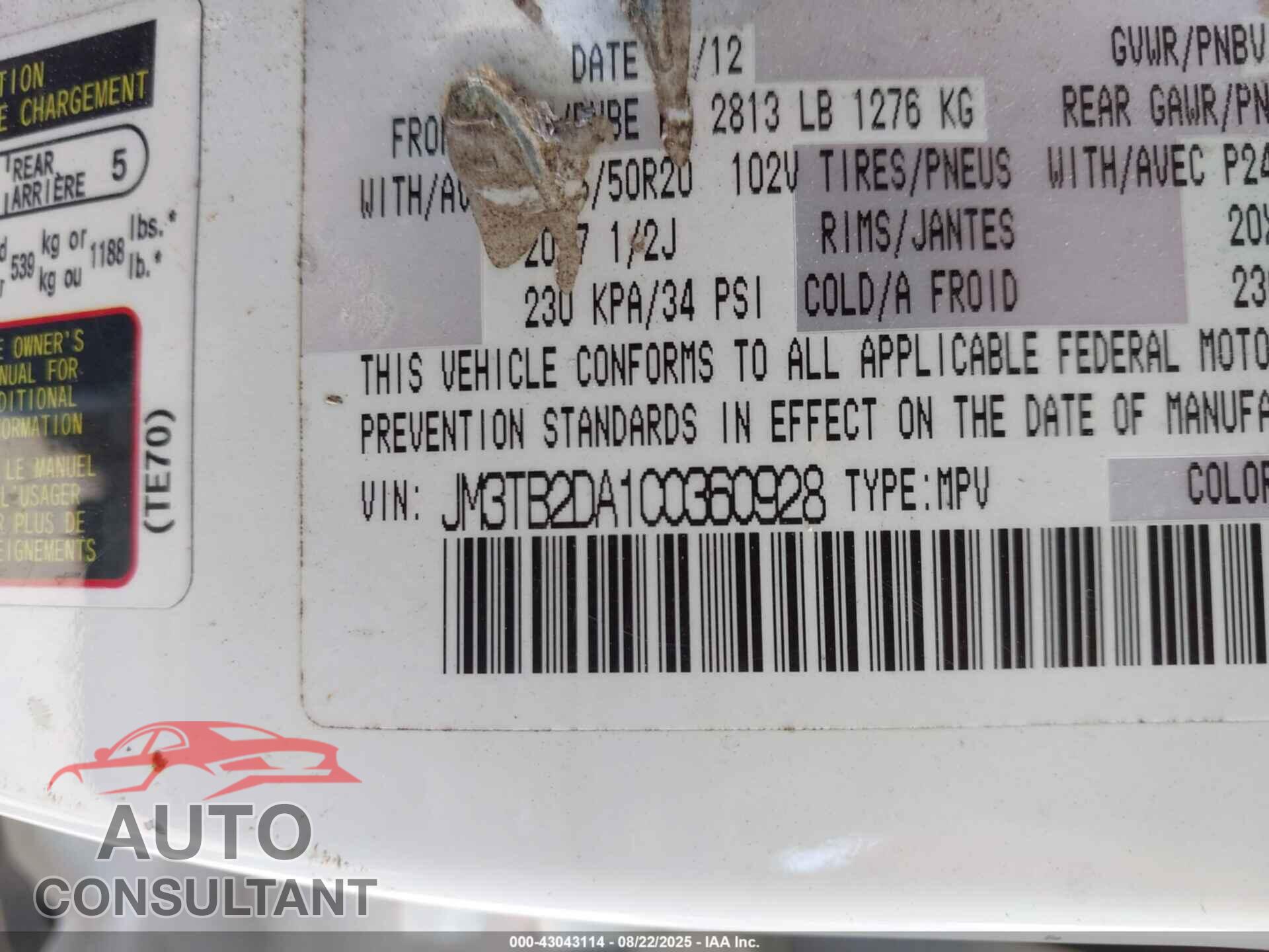 MAZDA CX-9 2012 - JM3TB2DA1C0360928