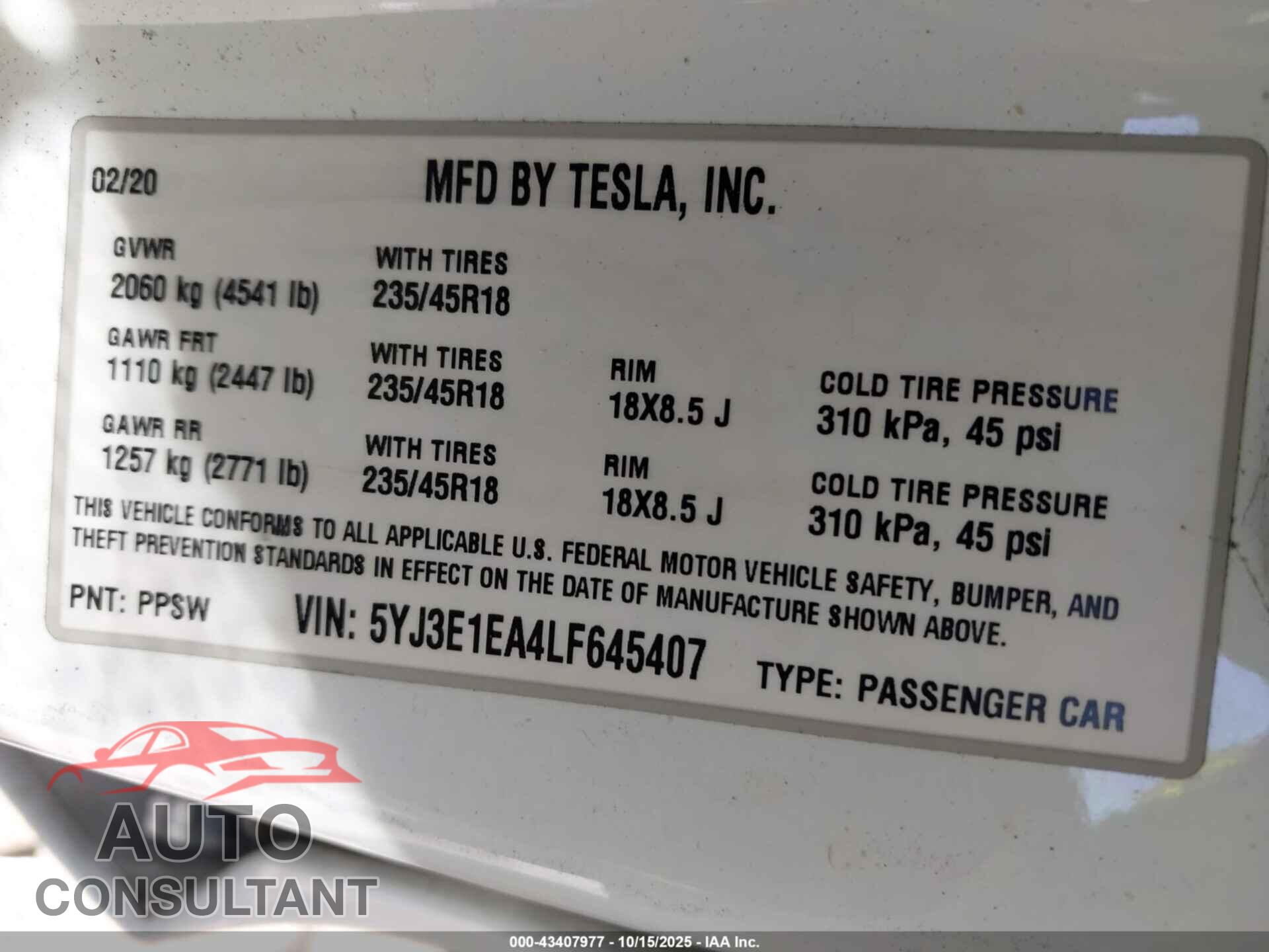 TESLA MODEL 3 2020 - 5YJ3E1EA4LF645407