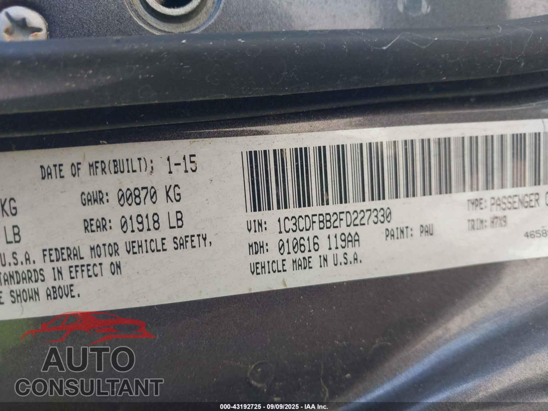 DODGE DART 2015 - 1C3CDFBB2FD227330