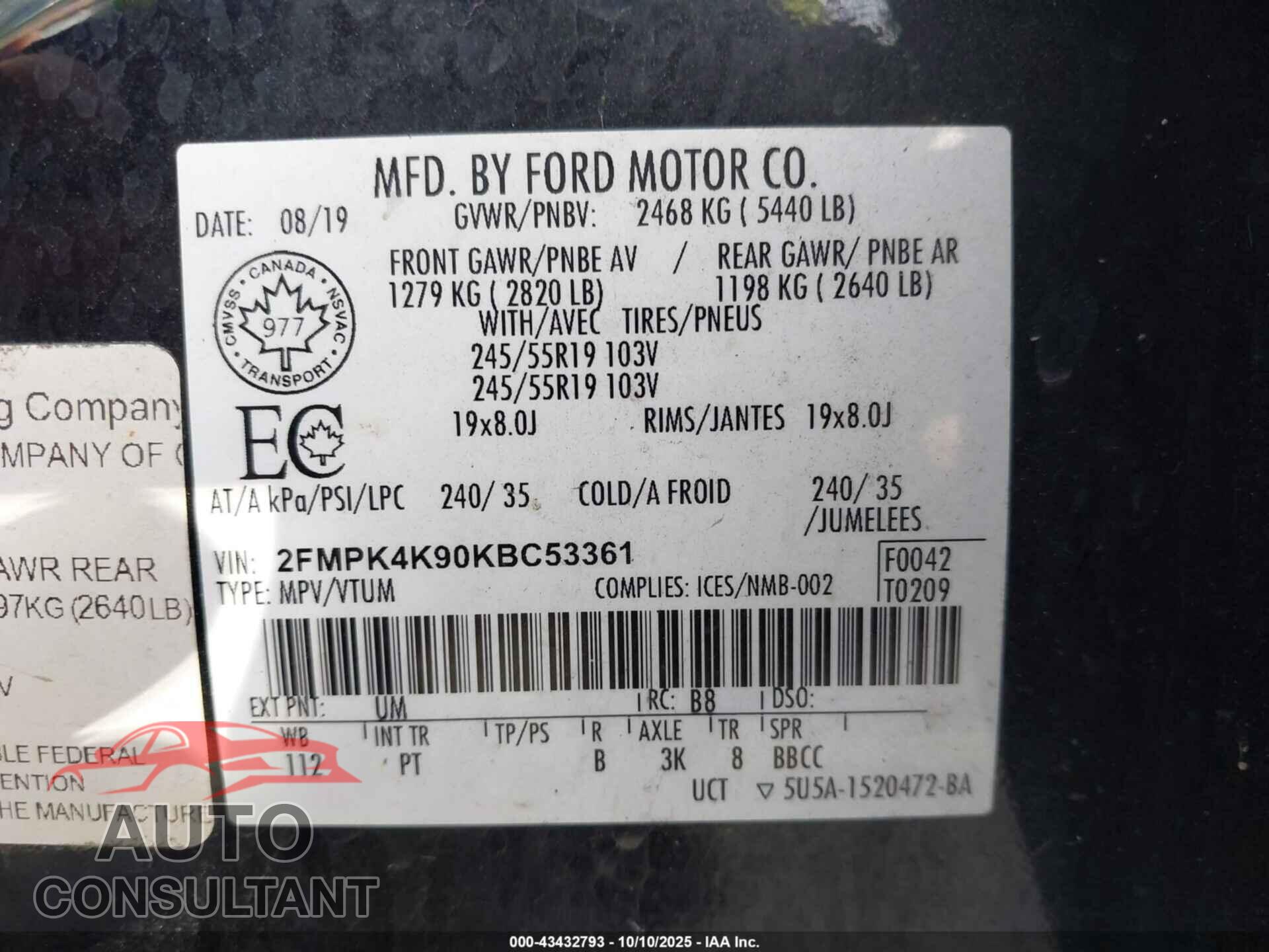 FORD EDGE 2019 - 2FMPK4K90KBC53361