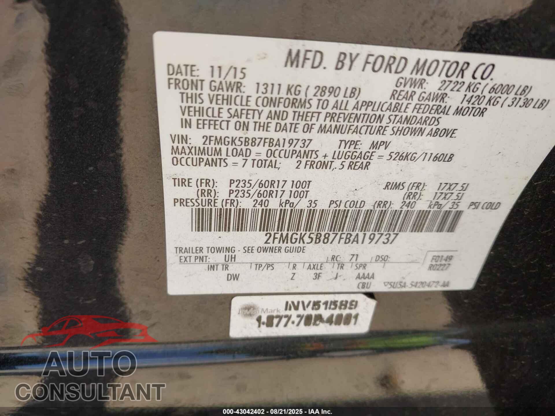 FORD FLEX 2015 - 2FMGK5B87FBA19737