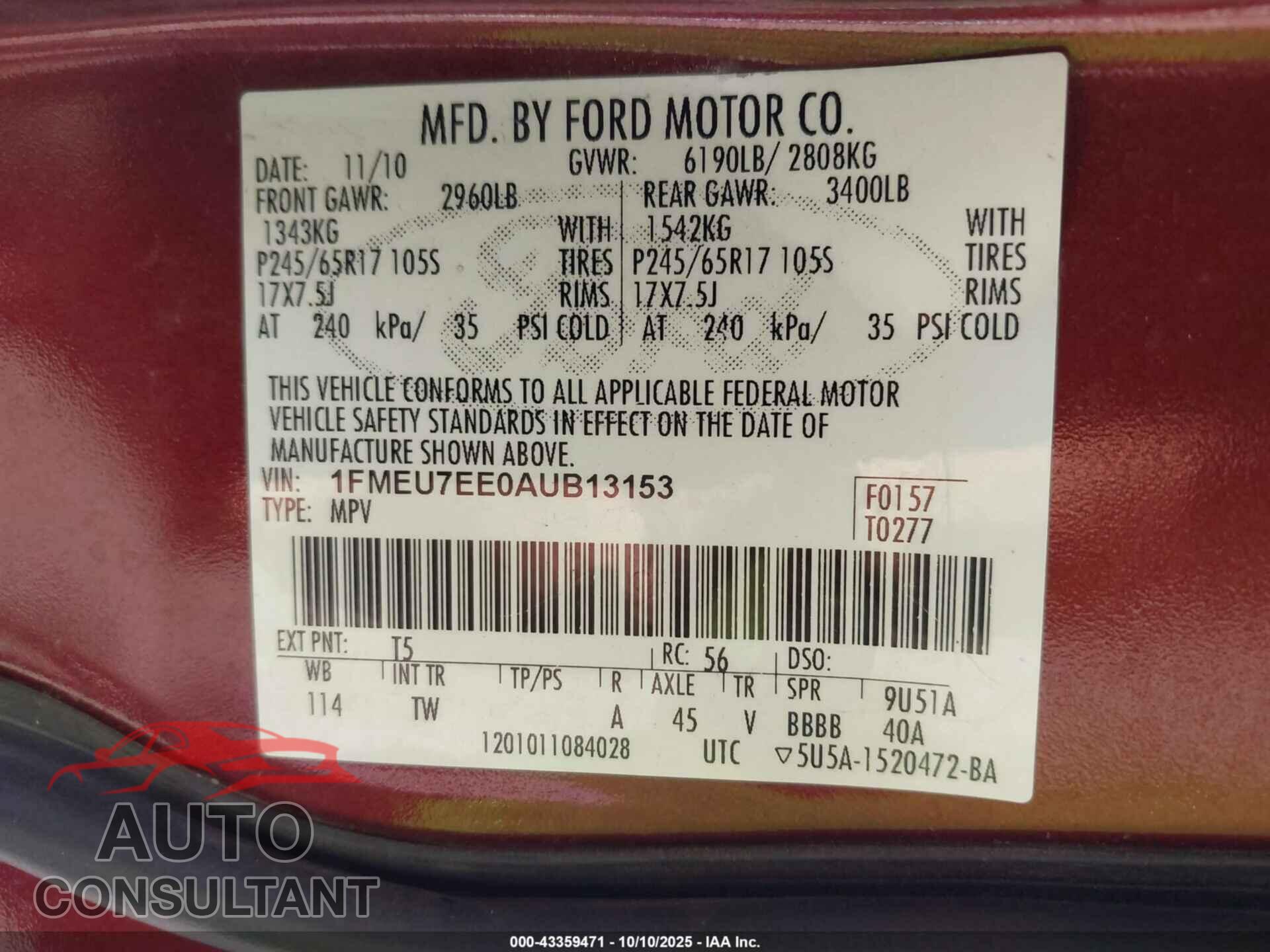 FORD EXPLORER 2010 - 1FMEU7EE0AUB13153