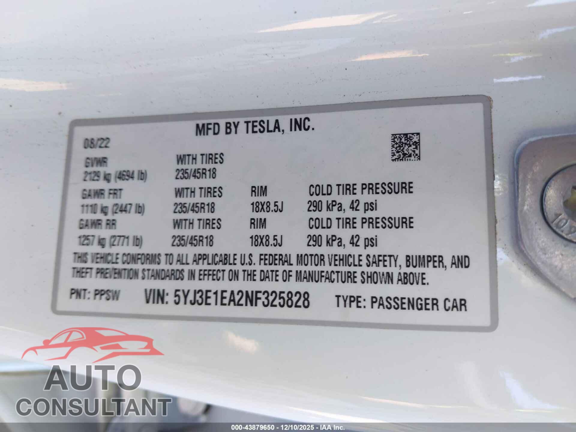 TESLA MODEL 3 2022 - 5YJ3E1EA2NF325828