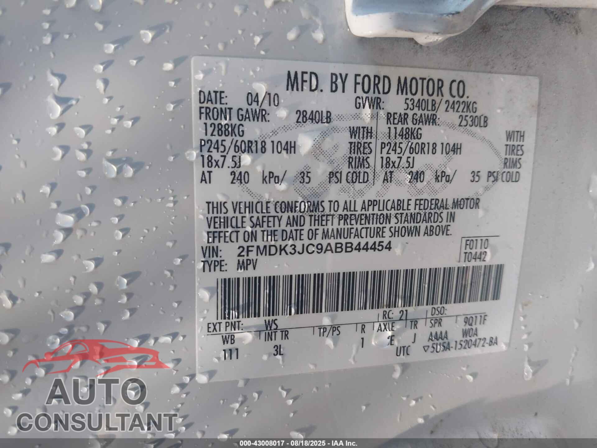 FORD EDGE 2010 - 2FMDK3JC9ABB44454