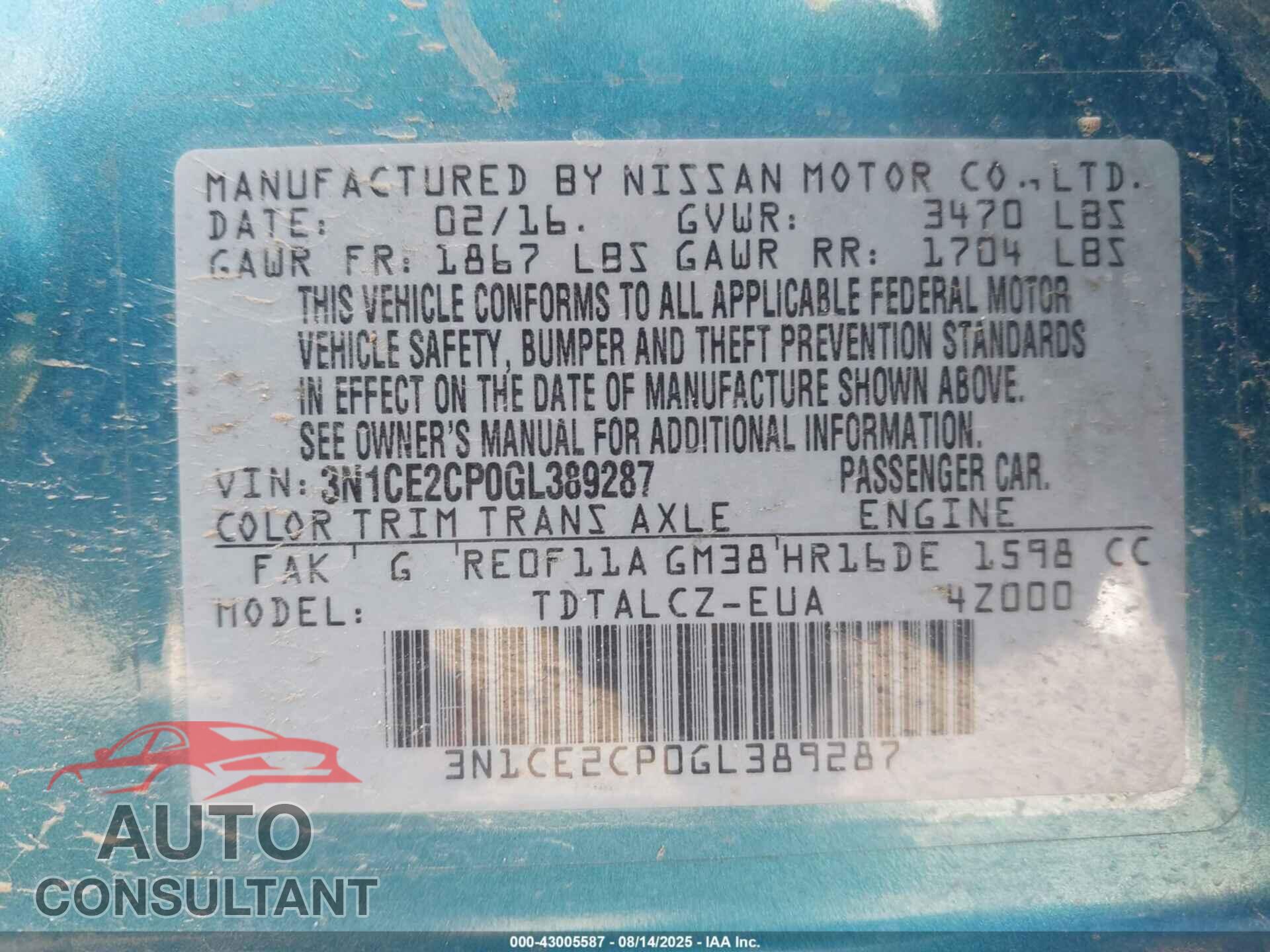 NISSAN VERSA NOTE 2016 - 3N1CE2CP0GL389287