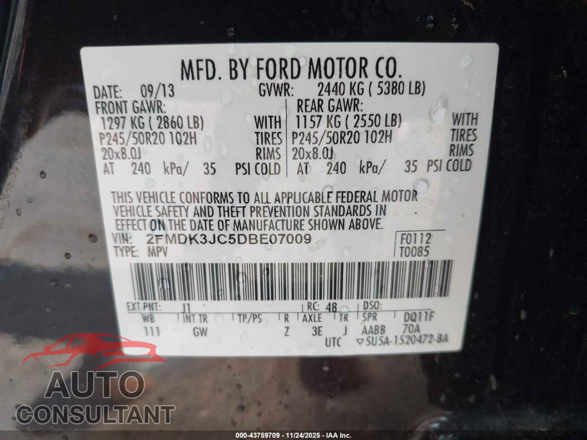 FORD EDGE 2013 - 2FMDK3JC5DBE07009