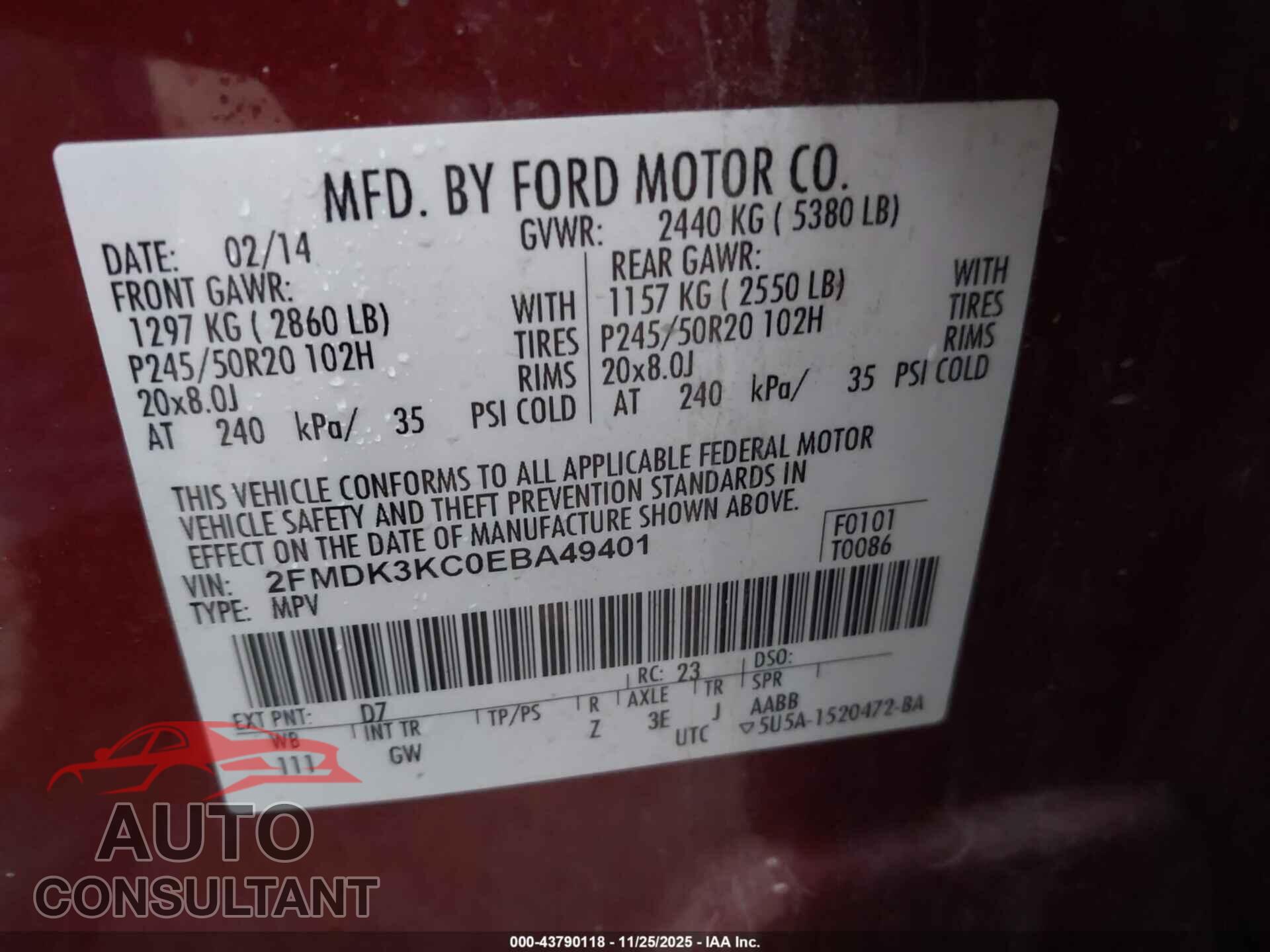 FORD EDGE 2014 - 2FMDK3KC0EBA49401