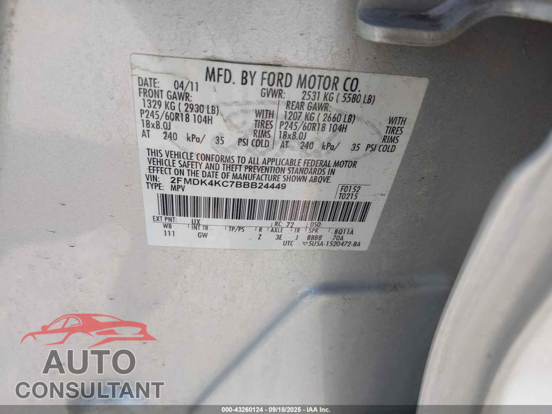 FORD EDGE 2011 - 2FMDK4KC7BBB24449
